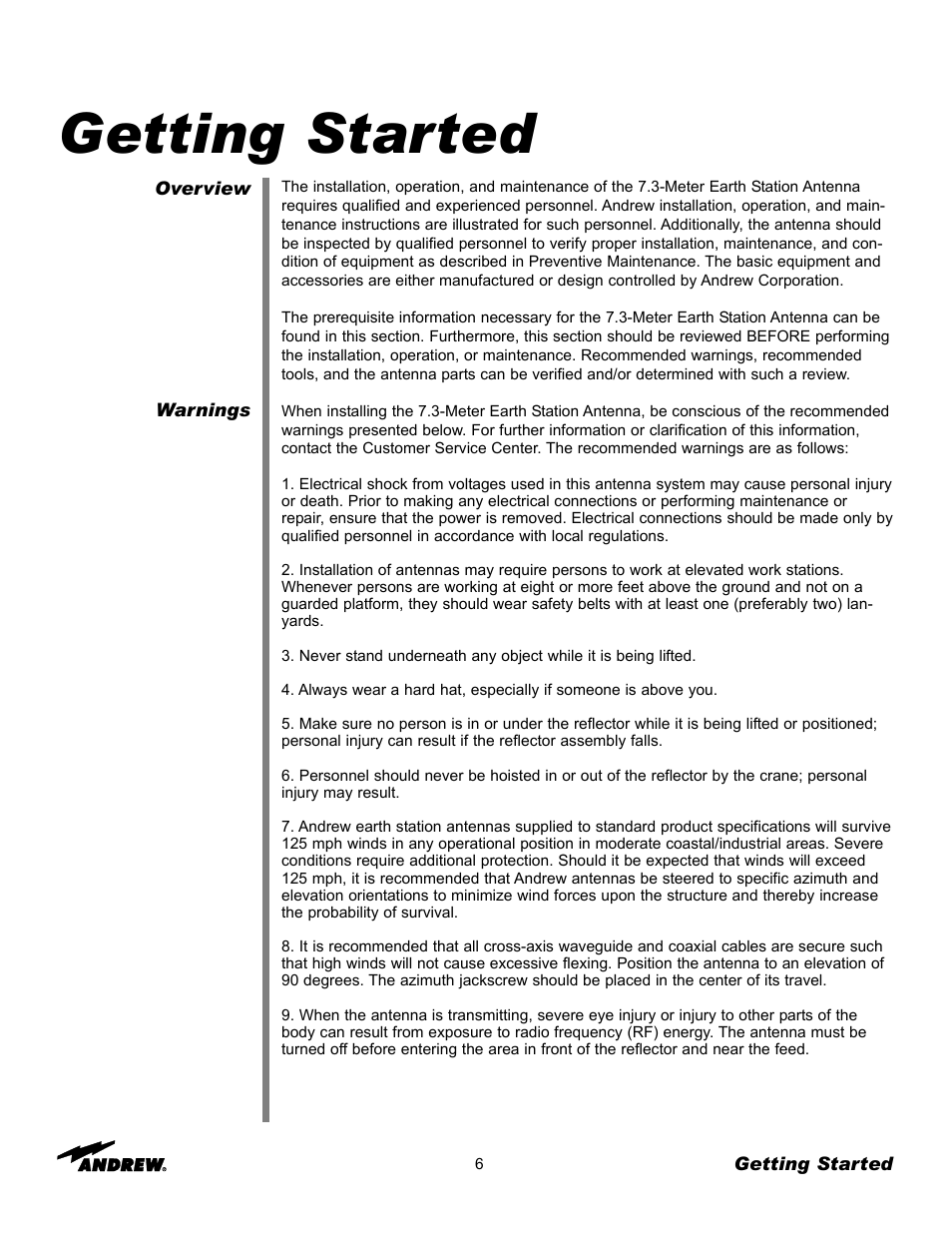 Getting started | Andrew 7.3-METER EARTH STATION ANTENNA ES73 User Manual | Page 6 / 69