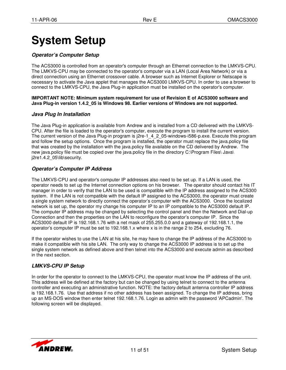 System setup | Andrew OMACS3000 User Manual | Page 11 / 51