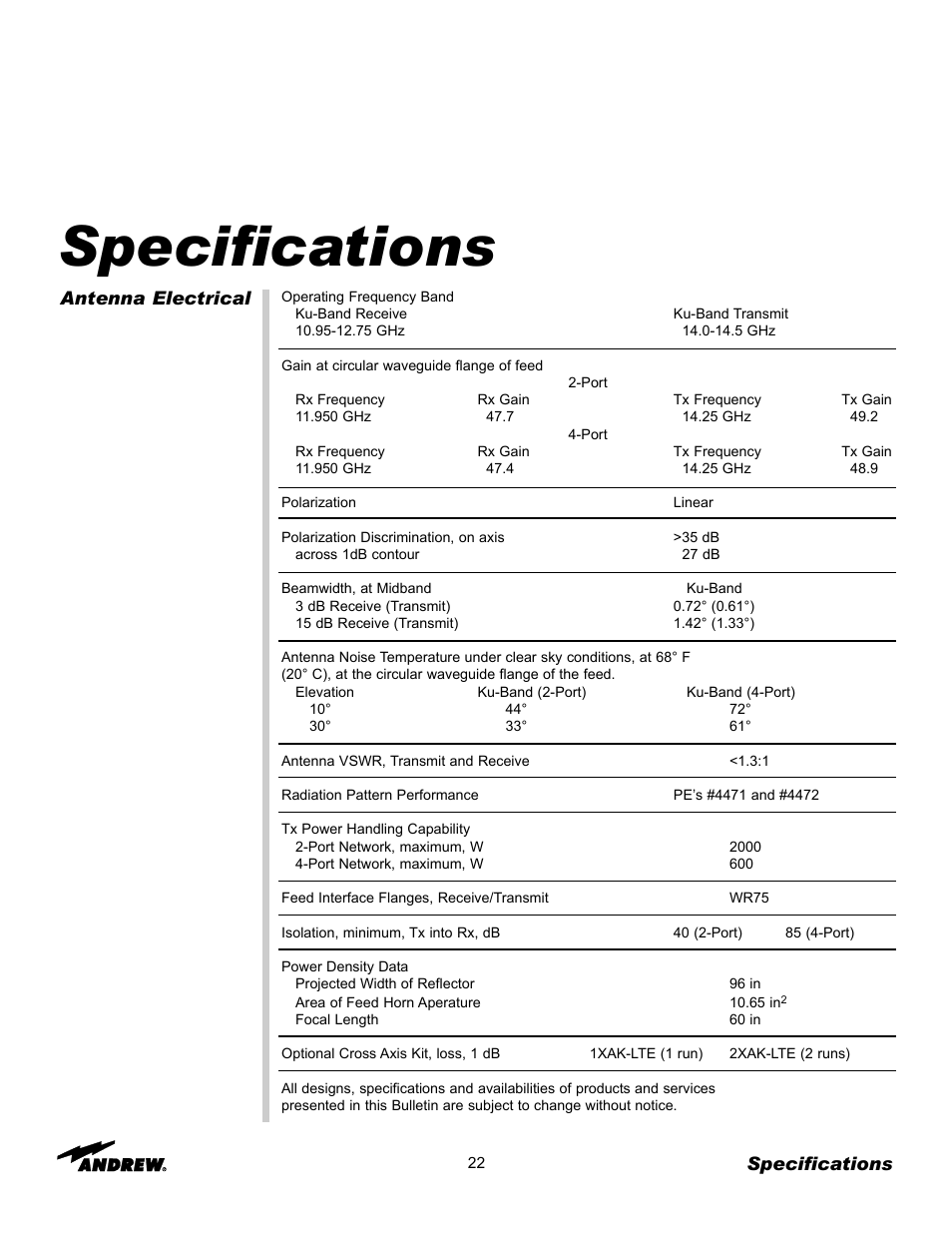 Specifications | Andrew OM24SNG-RC User Manual | Page 22 / 25