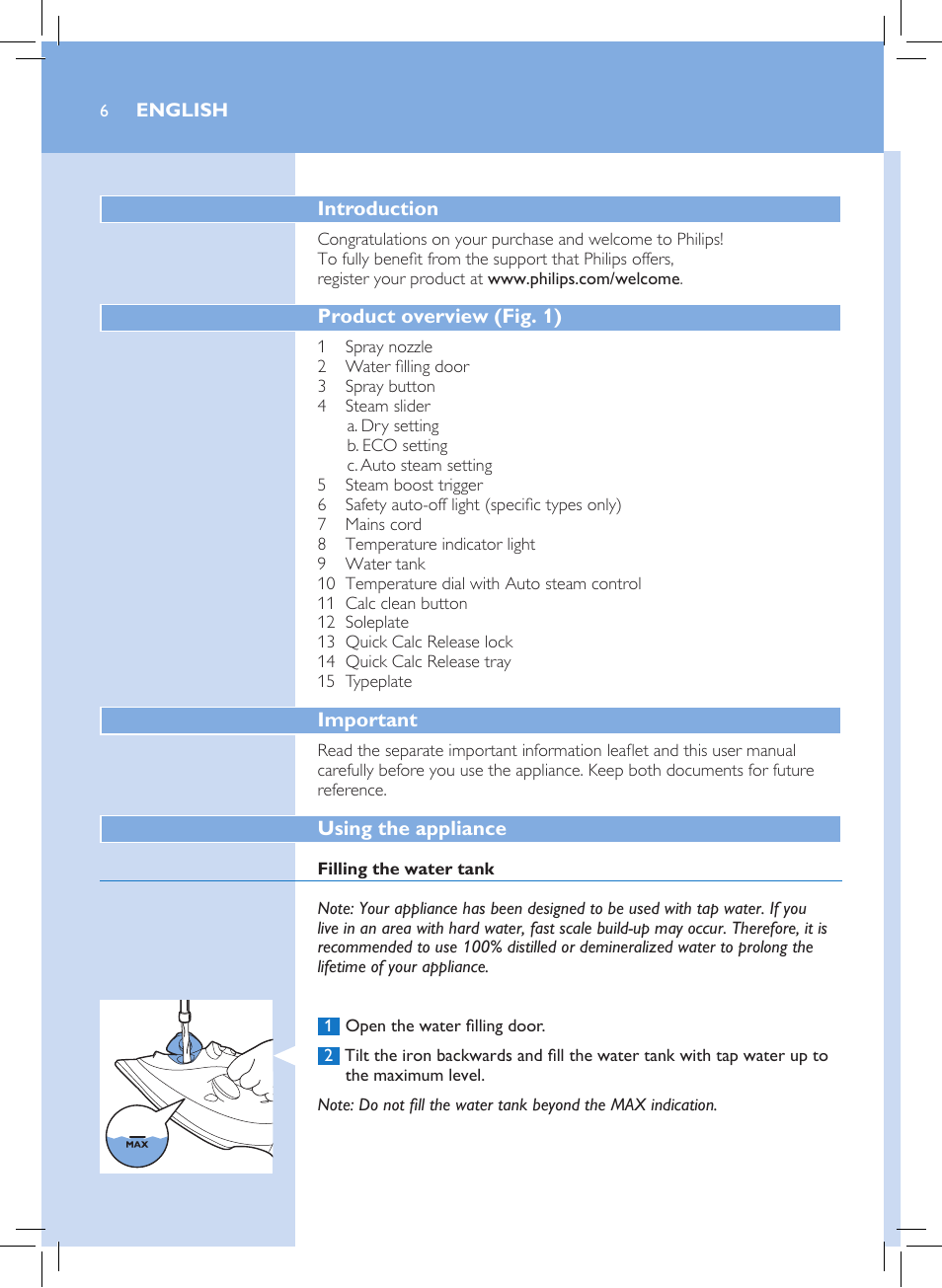 Philips Azur Performer Plus Dampfbügeleisen User Manual | Page 4 / 30