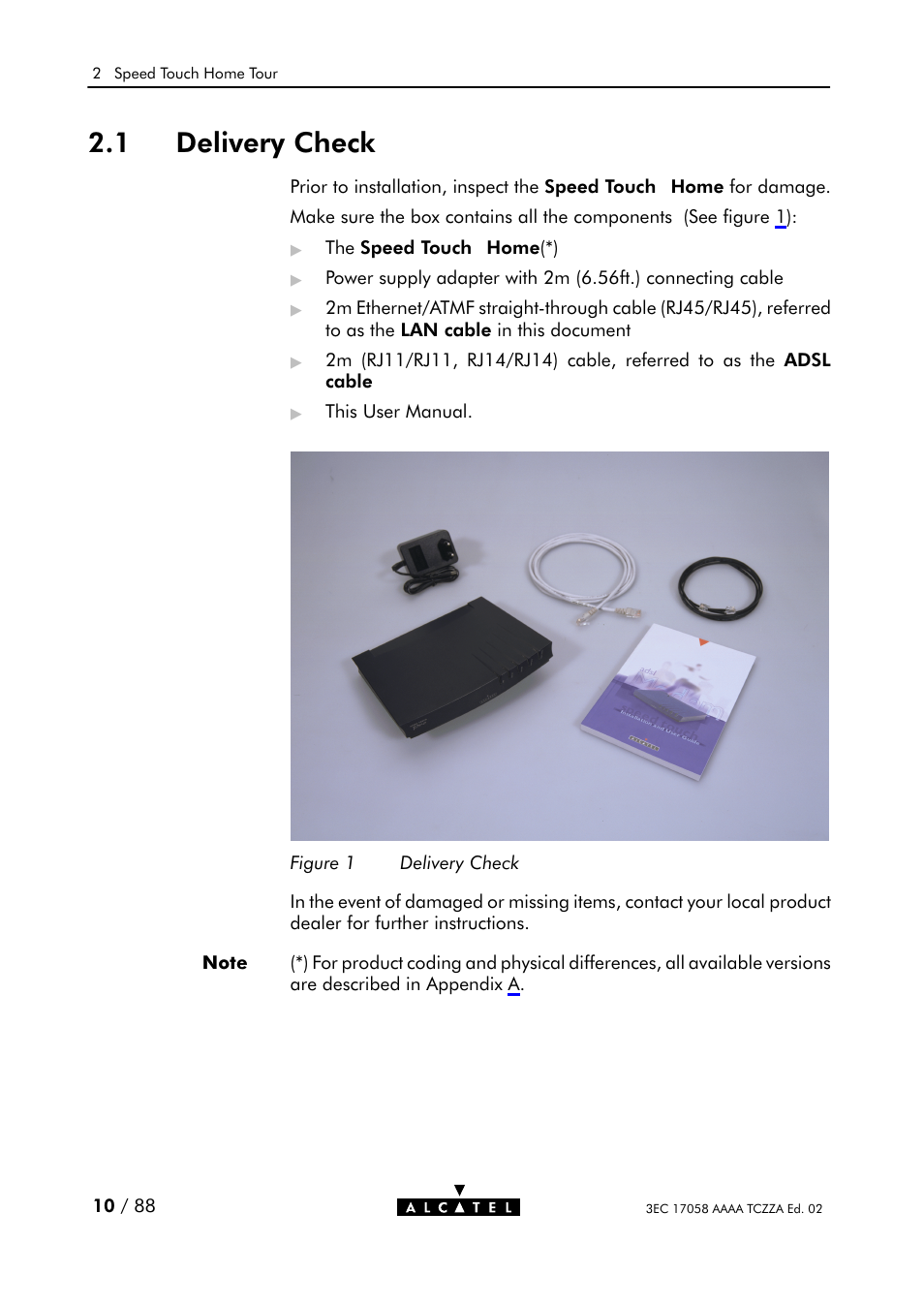 Delivery check, Figure 1, 1 delivery check | Alcatel Carrier Internetworking Solutions SpeedTouch Speed Touch Home Asymmetric Digital Subscriber Line (ADSL) Modem User Manual | Page 10 / 87