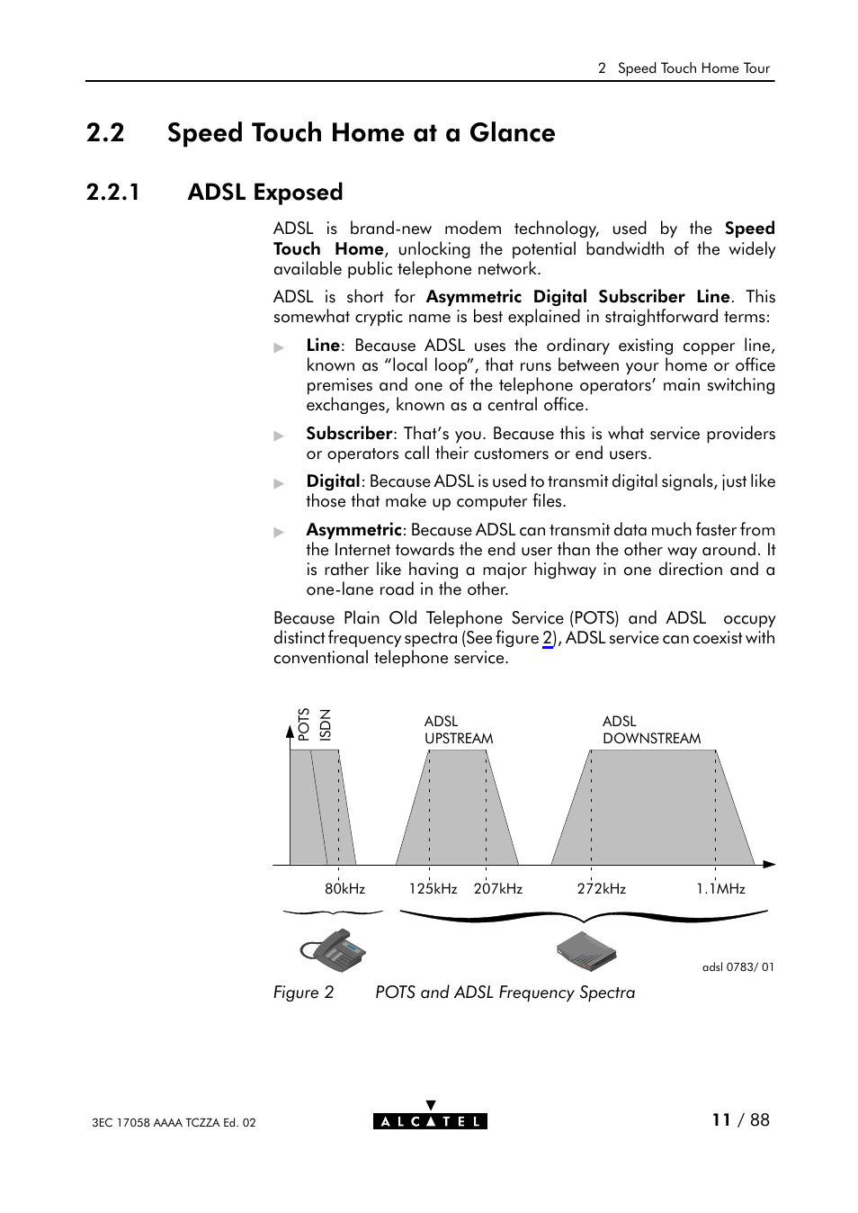 Speed touch home at a glance, Adsl exposed, Figure 2 | Pots and adsl frequency spectra, 2 speed touch home at a glance, 1 adsl exposed | Alcatel Carrier Internetworking Solutions SpeedTouch Speed Touch Home Asymmetric Digital Subscriber Line (ADSL) Modem User Manual | Page 11 / 87