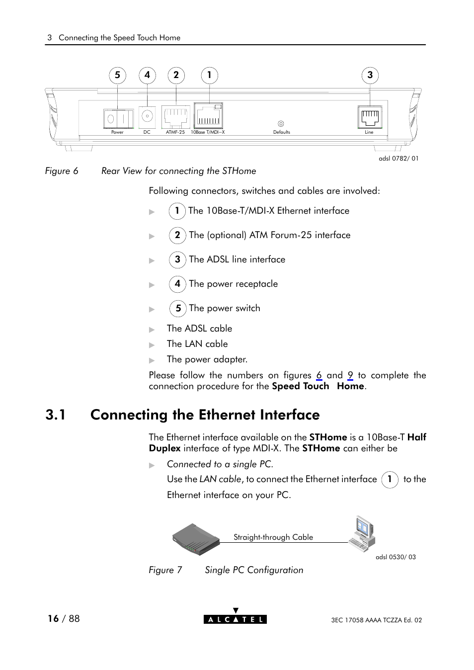 Connecting the ethernet interface, Figure 6, Rear view for connecting the sthome | Figure 7, Single pc configuration, 1 connecting the ethernet interface | Alcatel Carrier Internetworking Solutions SpeedTouch Speed Touch Home Asymmetric Digital Subscriber Line (ADSL) Modem User Manual | Page 16 / 87