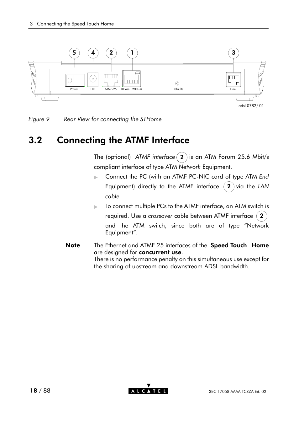 Connecting the atmf interface, Figure 9, Rear view for connecting the sthome | 2 connecting the atmf interface | Alcatel Carrier Internetworking Solutions SpeedTouch Speed Touch Home Asymmetric Digital Subscriber Line (ADSL) Modem User Manual | Page 18 / 87