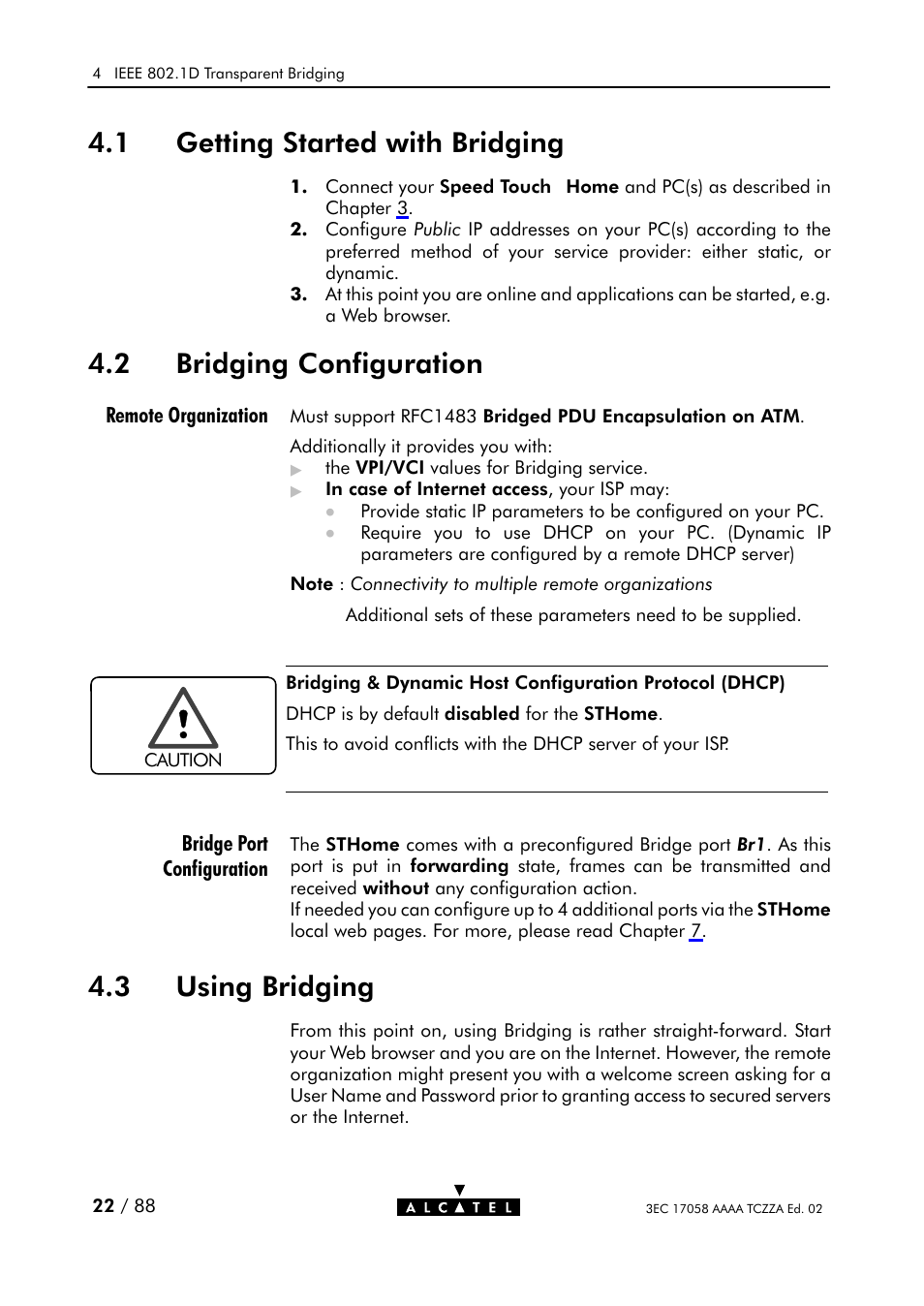 Getting started with bridging, Bridging configuration, Using bridging | 1 getting started with bridging, 2 bridging configuration, 3 using bridging | Alcatel Carrier Internetworking Solutions SpeedTouch Speed Touch Home Asymmetric Digital Subscriber Line (ADSL) Modem User Manual | Page 22 / 87