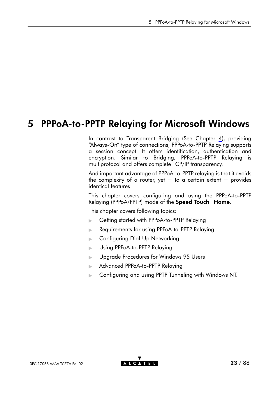 Pppoaćtoćpptp relaying for microsoft windows, 5 pppoaćtoćpptp relaying for microsoft windows | Alcatel Carrier Internetworking Solutions SpeedTouch Speed Touch Home Asymmetric Digital Subscriber Line (ADSL) Modem User Manual | Page 23 / 87
