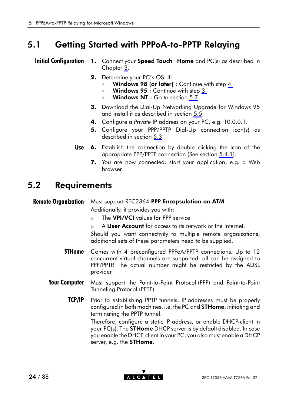 Getting started with pppoaćtoćpptp relaying, Requirements, 1 getting started with pppoaćtoćpptp relaying | 2 requirements | Alcatel Carrier Internetworking Solutions SpeedTouch Speed Touch Home Asymmetric Digital Subscriber Line (ADSL) Modem User Manual | Page 24 / 87