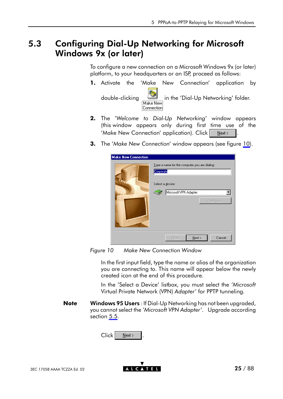 9x (or later), Figure 10, Make new connection window | Alcatel Carrier Internetworking Solutions SpeedTouch Speed Touch Home Asymmetric Digital Subscriber Line (ADSL) Modem User Manual | Page 25 / 87