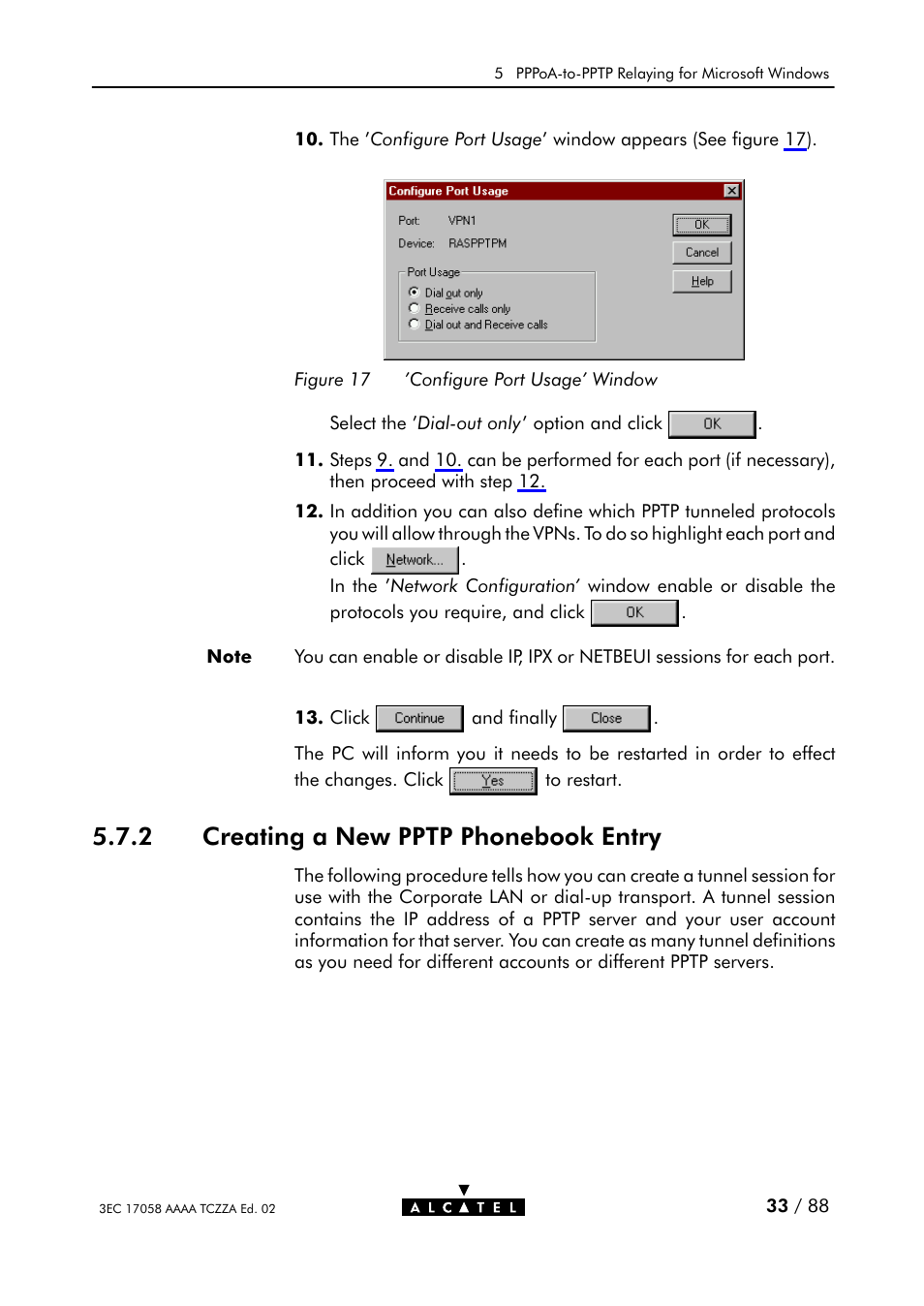 Creating a new pptp phonebook entry, Figure 17, Configure port usage' window | 2 creating a new pptp phonebook entry | Alcatel Carrier Internetworking Solutions SpeedTouch Speed Touch Home Asymmetric Digital Subscriber Line (ADSL) Modem User Manual | Page 33 / 87