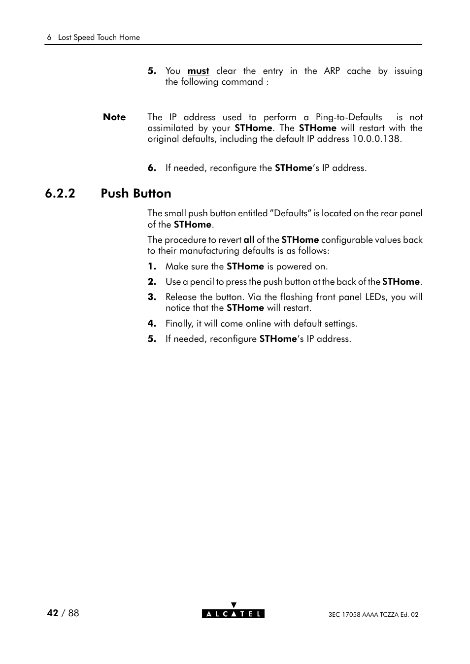 Push button, 2 push button | Alcatel Carrier Internetworking Solutions SpeedTouch Speed Touch Home Asymmetric Digital Subscriber Line (ADSL) Modem User Manual | Page 42 / 87