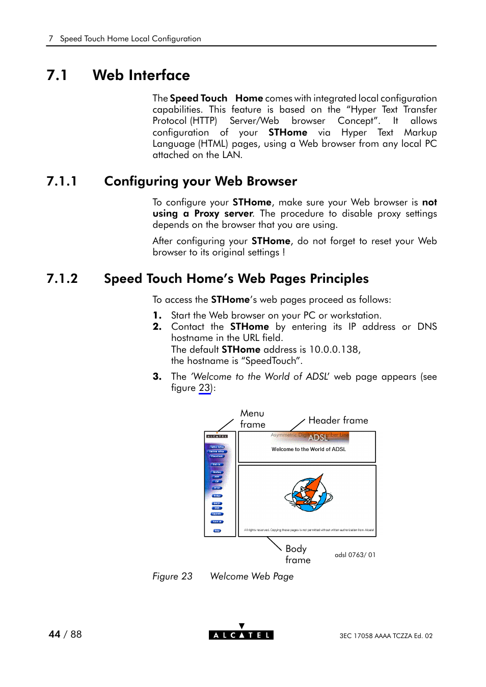 Web interface, Configuring your web browser, Principles | Figure 23, 1 web interface, 1 configuring your web browser, 2 speed touch home's web pages principles | Alcatel Carrier Internetworking Solutions SpeedTouch Speed Touch Home Asymmetric Digital Subscriber Line (ADSL) Modem User Manual | Page 44 / 87