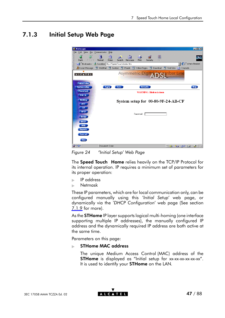 Figure 24, 3 initial setup web page | Alcatel Carrier Internetworking Solutions SpeedTouch Speed Touch Home Asymmetric Digital Subscriber Line (ADSL) Modem User Manual | Page 47 / 87