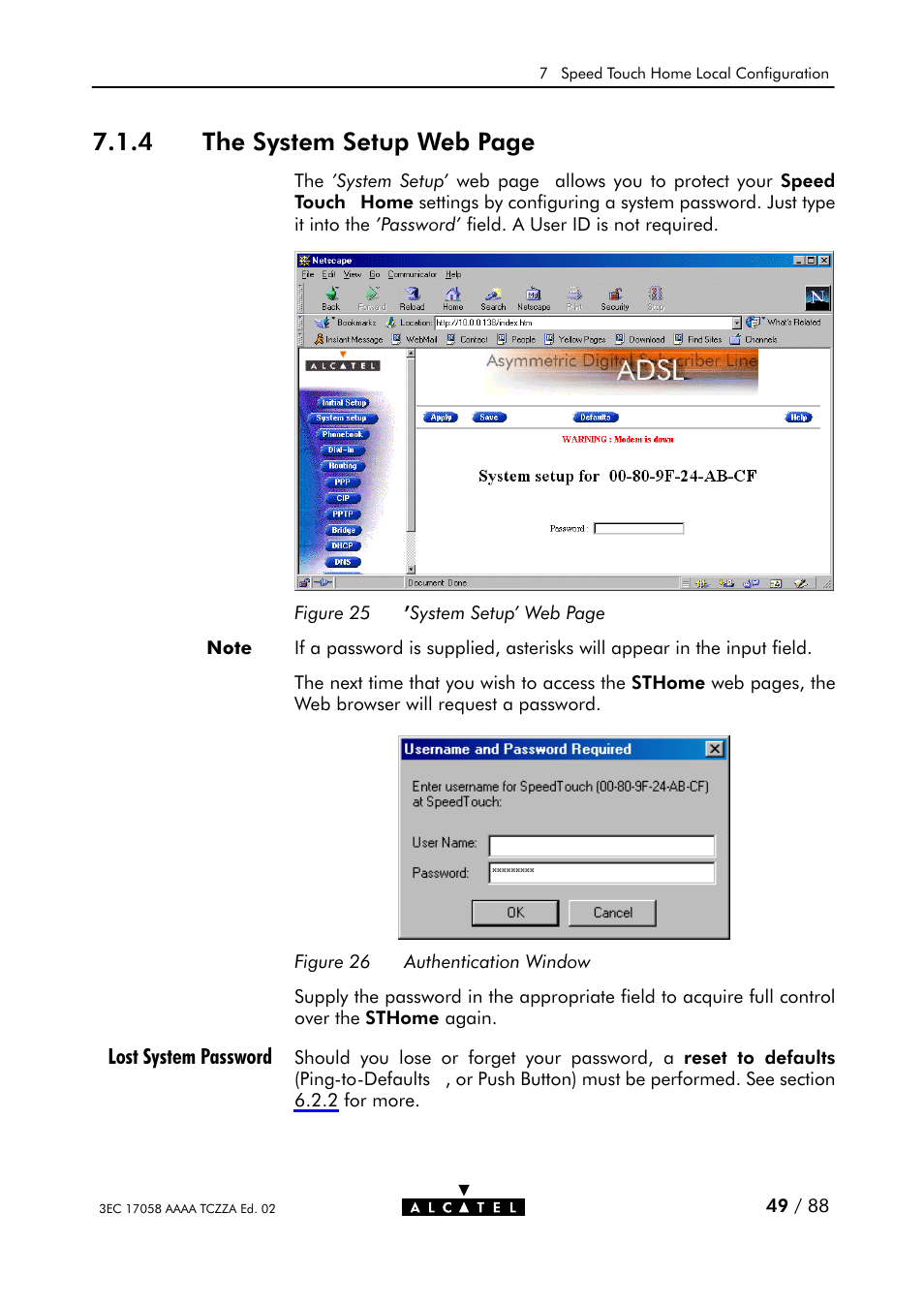 Figure 25, Figure 26, Authentication window | 4 the system setup web page | Alcatel Carrier Internetworking Solutions SpeedTouch Speed Touch Home Asymmetric Digital Subscriber Line (ADSL) Modem User Manual | Page 49 / 87