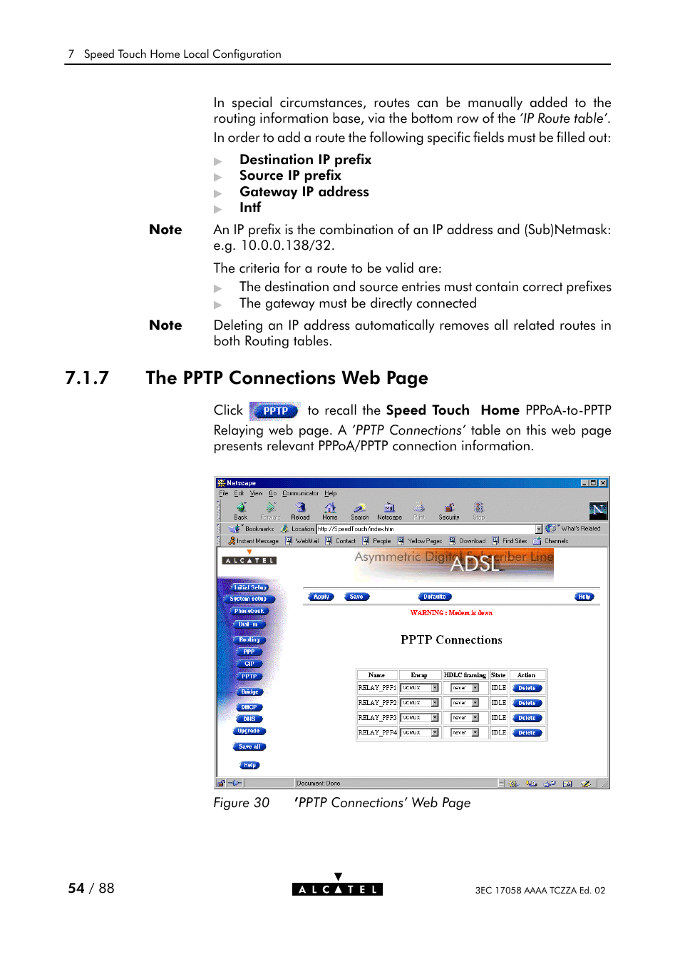 Figure 30, 7 the pptp connections web page | Alcatel Carrier Internetworking Solutions SpeedTouch Speed Touch Home Asymmetric Digital Subscriber Line (ADSL) Modem User Manual | Page 54 / 87