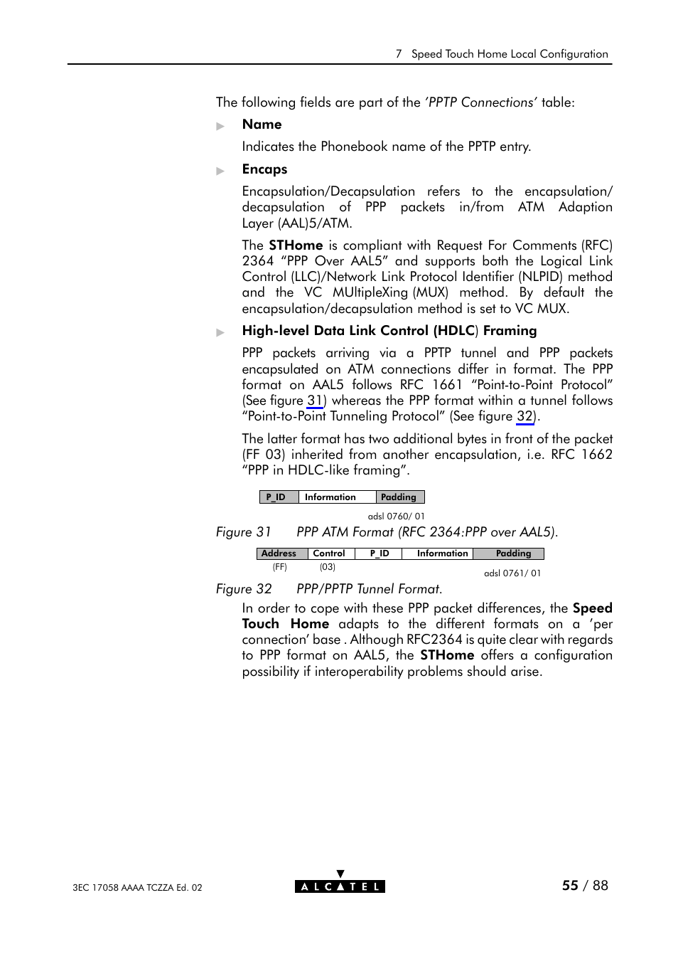 Figure 31, Ppp atm format (rfc 2364:ppp over aal5), Figure 32 | Ppp/pptp tunnel format | Alcatel Carrier Internetworking Solutions SpeedTouch Speed Touch Home Asymmetric Digital Subscriber Line (ADSL) Modem User Manual | Page 55 / 87
