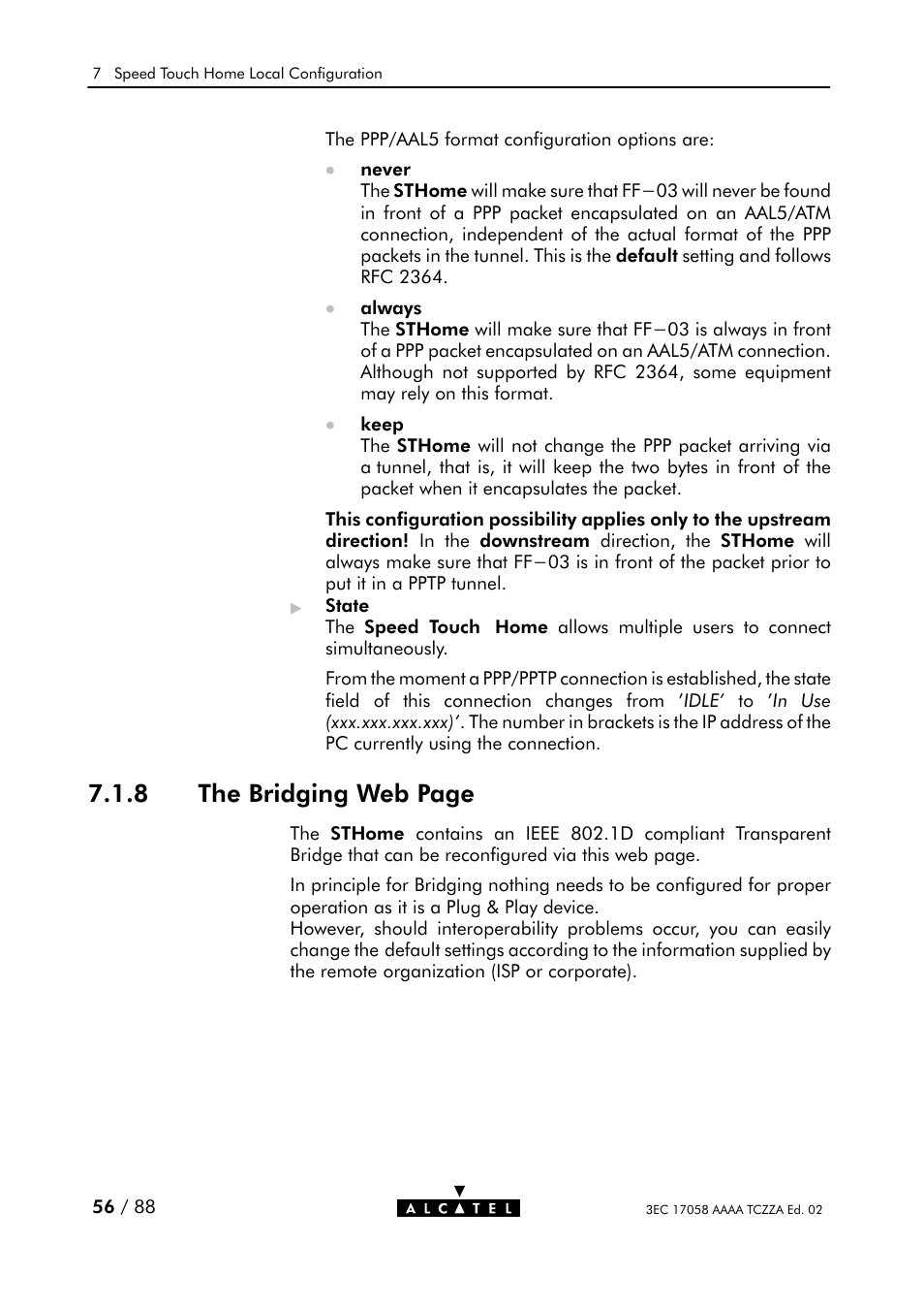 8 the bridging web page | Alcatel Carrier Internetworking Solutions SpeedTouch Speed Touch Home Asymmetric Digital Subscriber Line (ADSL) Modem User Manual | Page 56 / 87