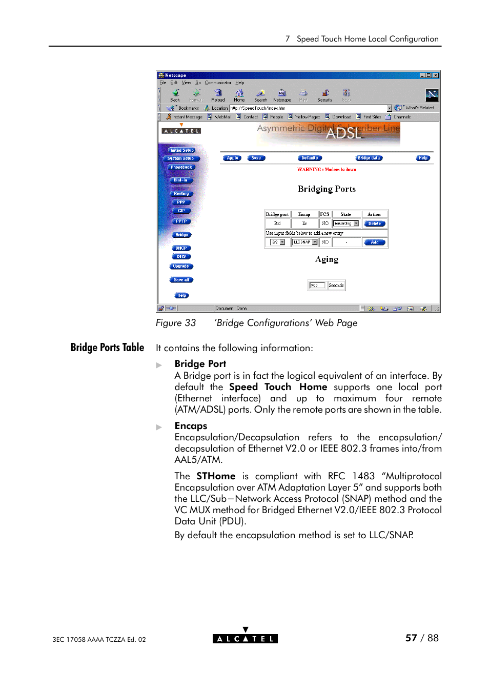 Figure 33, Bridge ports table | Alcatel Carrier Internetworking Solutions SpeedTouch Speed Touch Home Asymmetric Digital Subscriber Line (ADSL) Modem User Manual | Page 57 / 87