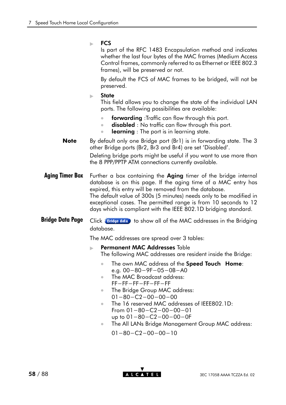 Aging timer box bridge data page | Alcatel Carrier Internetworking Solutions SpeedTouch Speed Touch Home Asymmetric Digital Subscriber Line (ADSL) Modem User Manual | Page 58 / 87