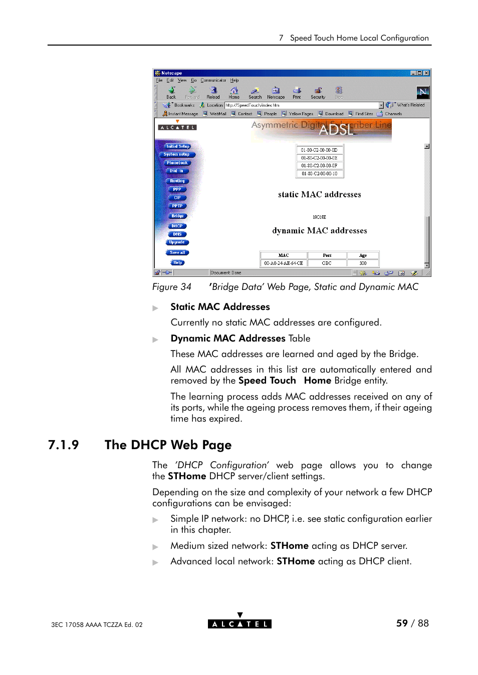 Figure 34, 9 the dhcp web page | Alcatel Carrier Internetworking Solutions SpeedTouch Speed Touch Home Asymmetric Digital Subscriber Line (ADSL) Modem User Manual | Page 59 / 87