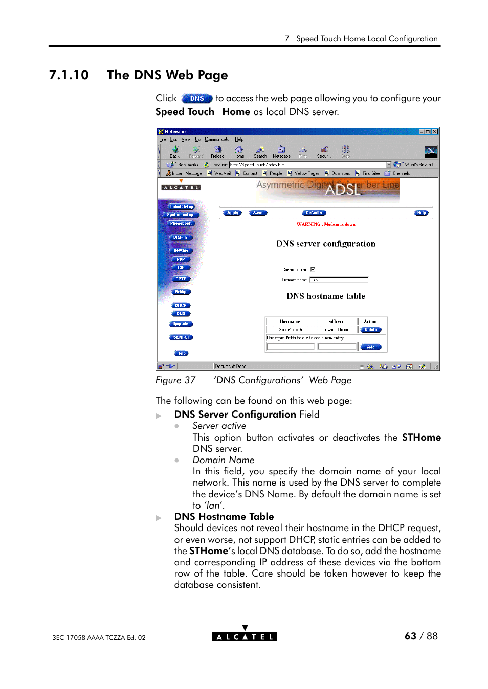 Figure 37, 10 the dns web page | Alcatel Carrier Internetworking Solutions SpeedTouch Speed Touch Home Asymmetric Digital Subscriber Line (ADSL) Modem User Manual | Page 63 / 87