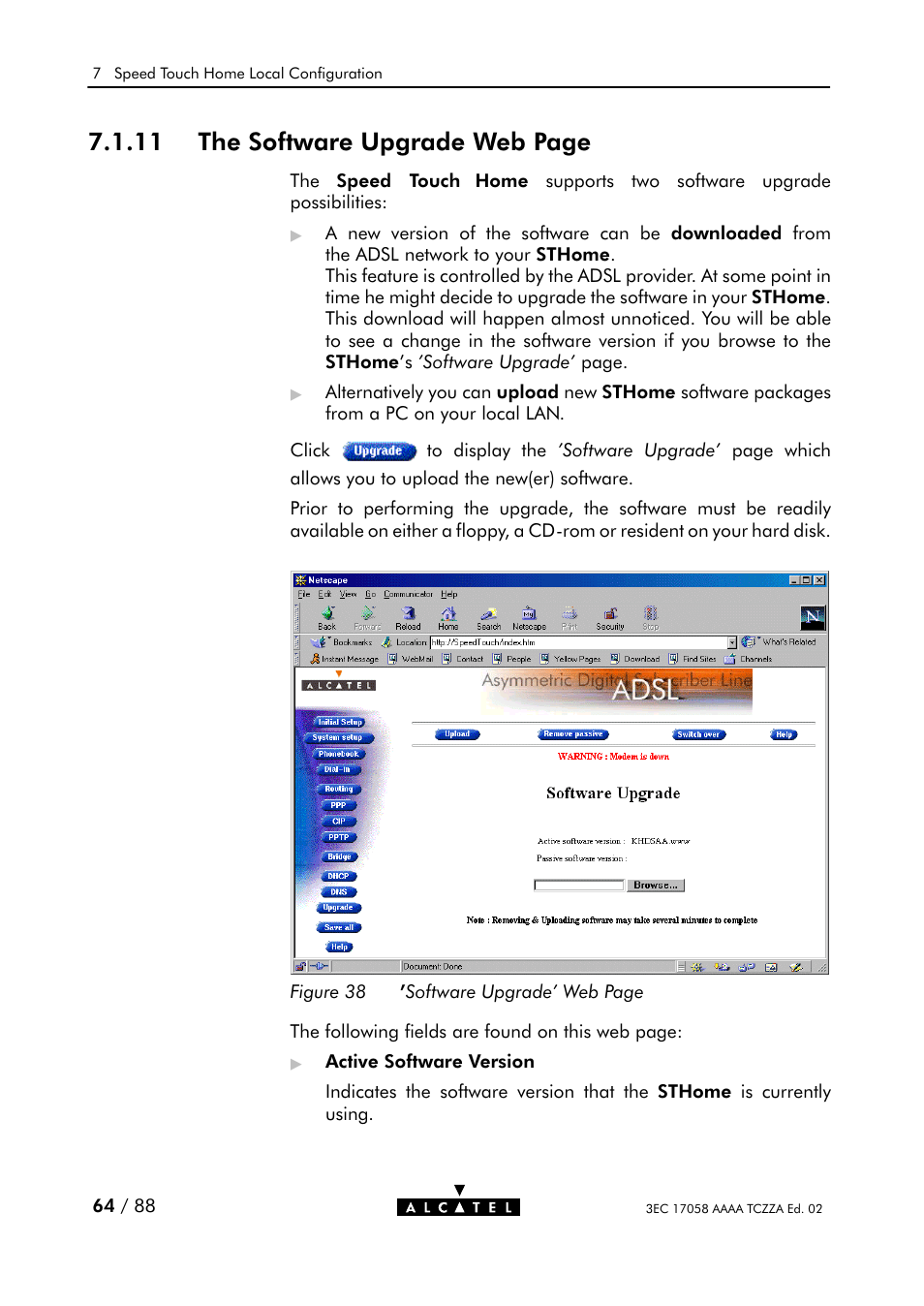 Figure 38, 11 the software upgrade web page | Alcatel Carrier Internetworking Solutions SpeedTouch Speed Touch Home Asymmetric Digital Subscriber Line (ADSL) Modem User Manual | Page 64 / 87