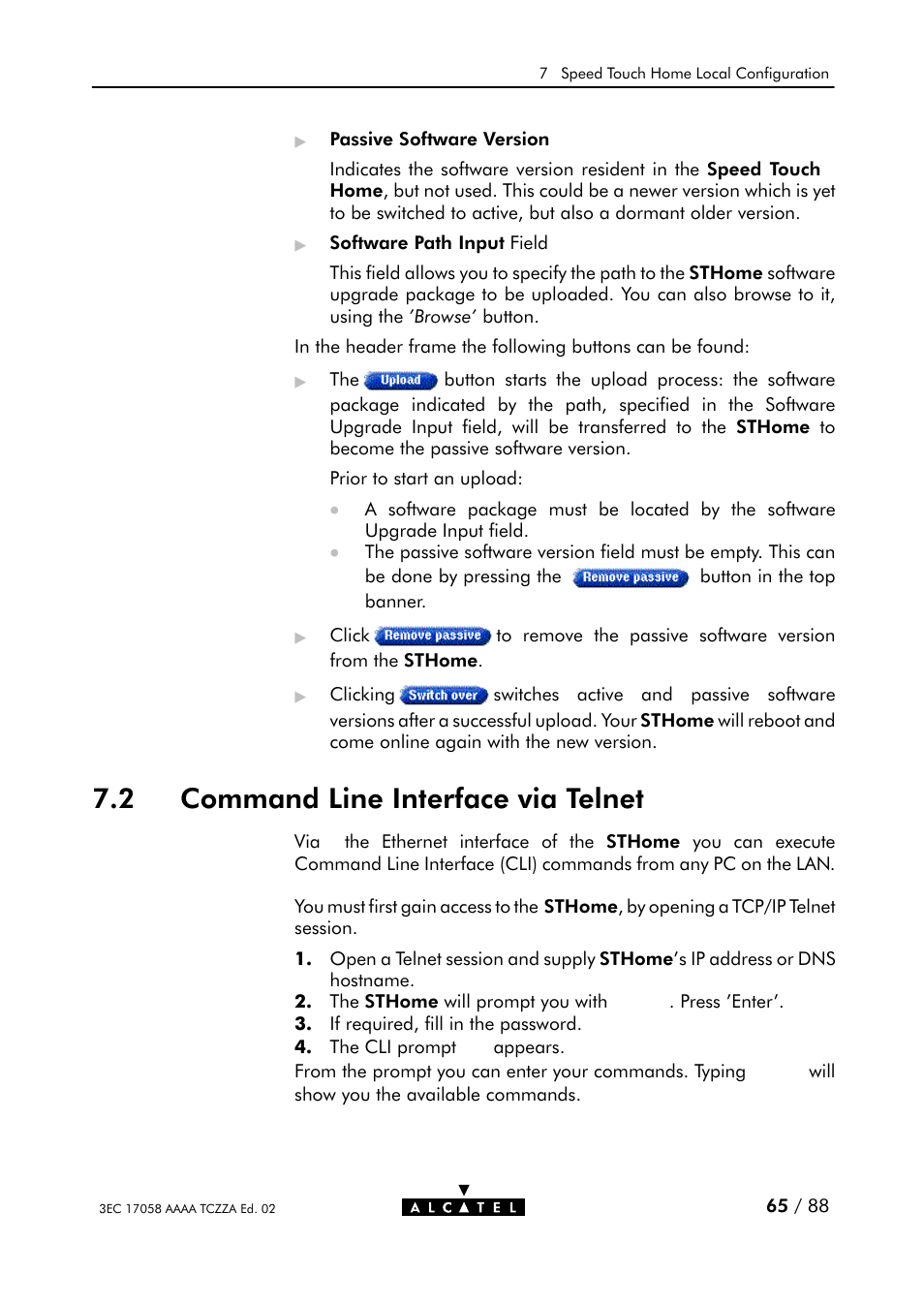 Command line interface via telnet, 2 command line interface via telnet, Help | Alcatel Carrier Internetworking Solutions SpeedTouch Speed Touch Home Asymmetric Digital Subscriber Line (ADSL) Modem User Manual | Page 65 / 87