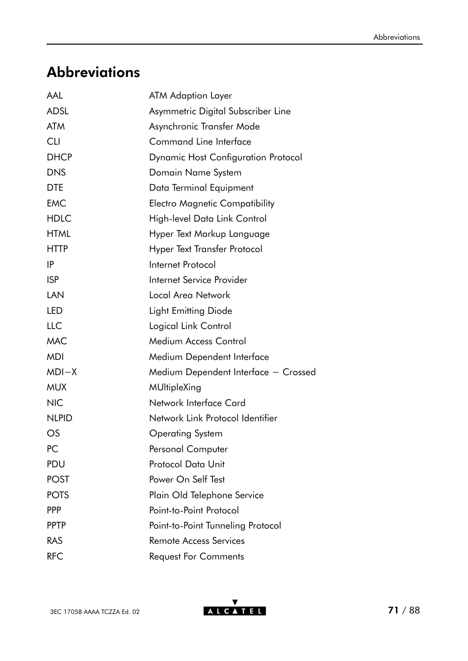 Abbreviations | Alcatel Carrier Internetworking Solutions SpeedTouch Speed Touch Home Asymmetric Digital Subscriber Line (ADSL) Modem User Manual | Page 70 / 87