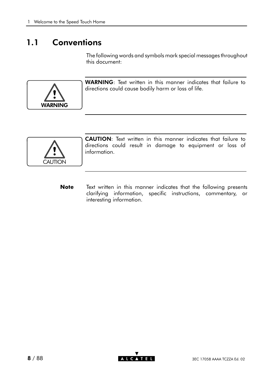 Conventions, 1 conventions | Alcatel Carrier Internetworking Solutions SpeedTouch Speed Touch Home Asymmetric Digital Subscriber Line (ADSL) Modem User Manual | Page 8 / 87