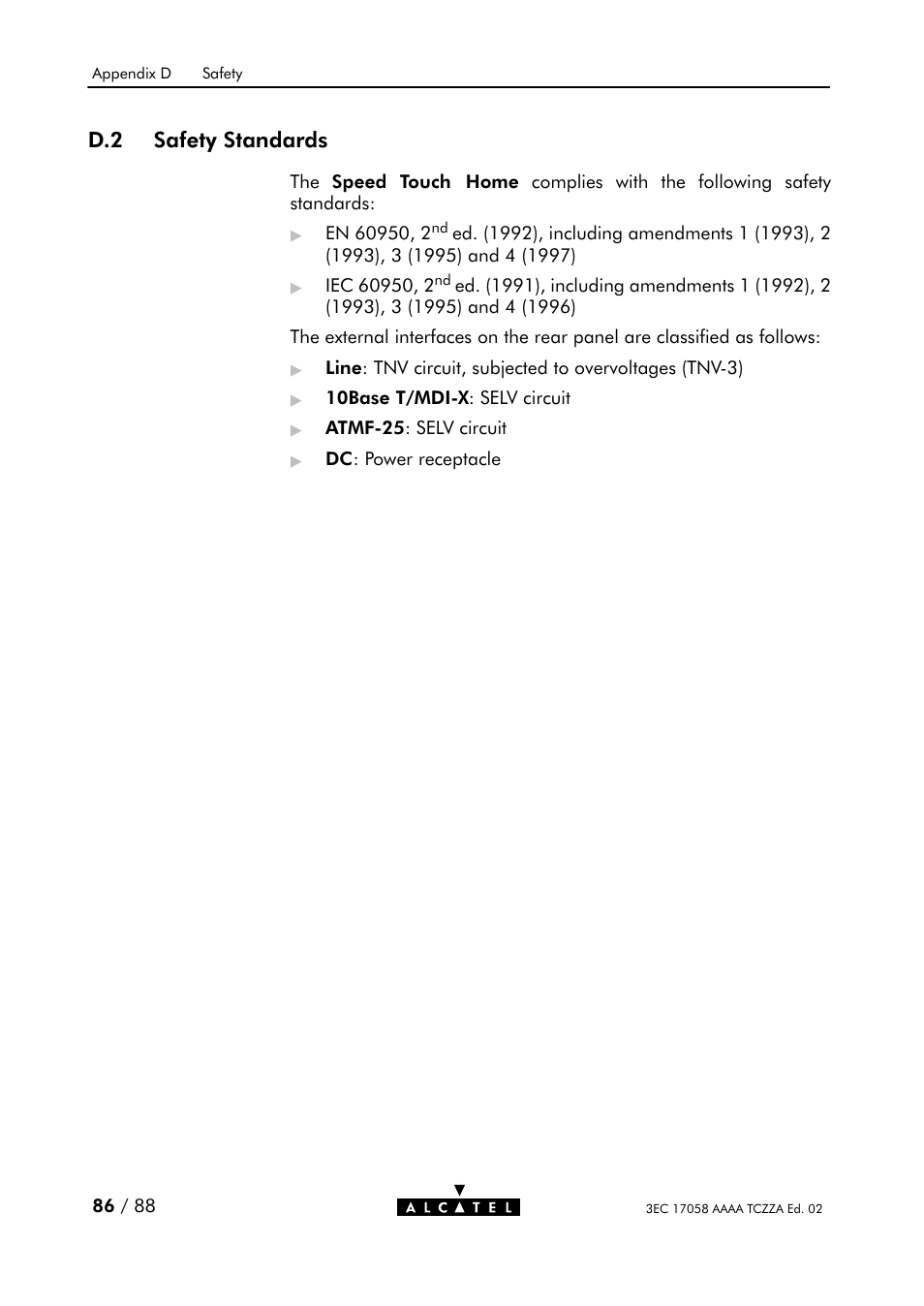 Appendix e, Agency regulatory notices, D.2 safety standards | Alcatel Carrier Internetworking Solutions SpeedTouch Speed Touch Home Asymmetric Digital Subscriber Line (ADSL) Modem User Manual | Page 85 / 87