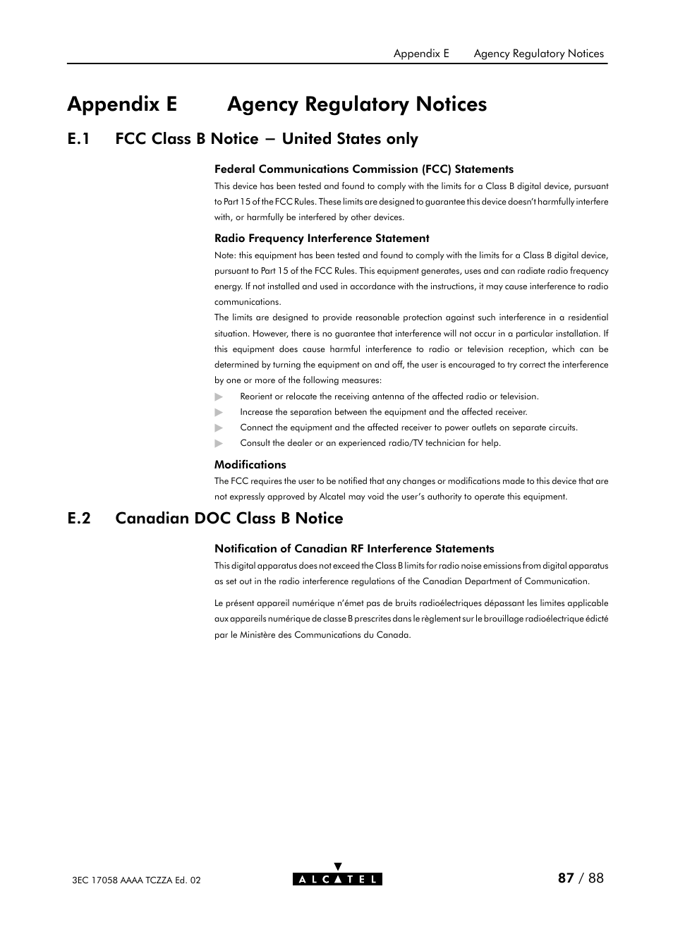 Figure 42, Ec declaration of conformity, Appendix e agency regulatory notices | E.1 fcc class b notice - united states only, E.2 canadian doc class b notice | Alcatel Carrier Internetworking Solutions SpeedTouch Speed Touch Home Asymmetric Digital Subscriber Line (ADSL) Modem User Manual | Page 86 / 87