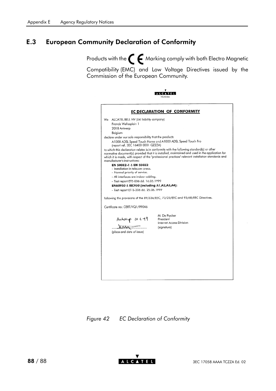 E.3 european community declaration of conformity | Alcatel Carrier Internetworking Solutions SpeedTouch Speed Touch Home Asymmetric Digital Subscriber Line (ADSL) Modem User Manual | Page 87 / 87