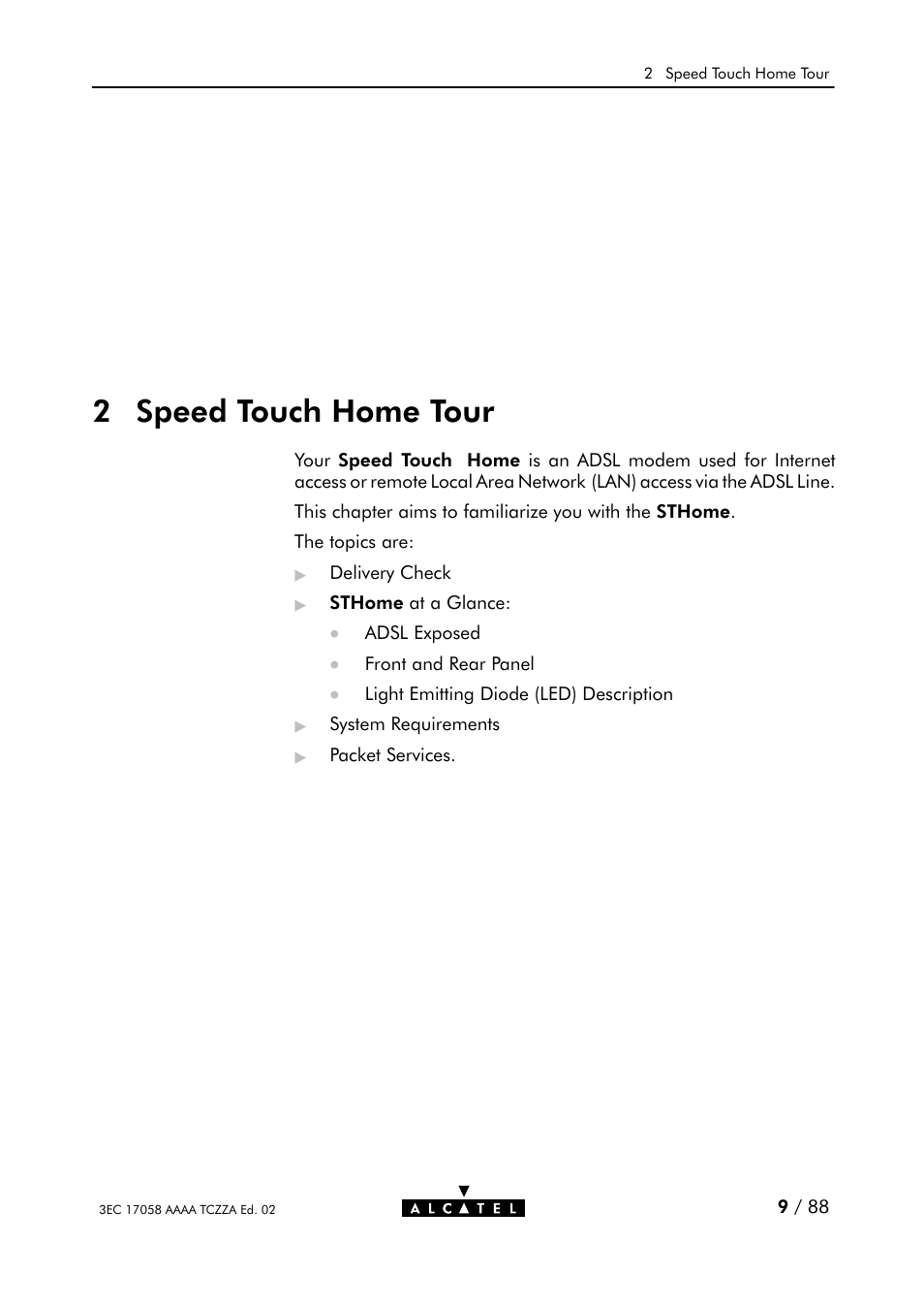 Speed touch home tour, 2 speed touch home tour | Alcatel Carrier Internetworking Solutions SpeedTouch Speed Touch Home Asymmetric Digital Subscriber Line (ADSL) Modem User Manual | Page 9 / 87