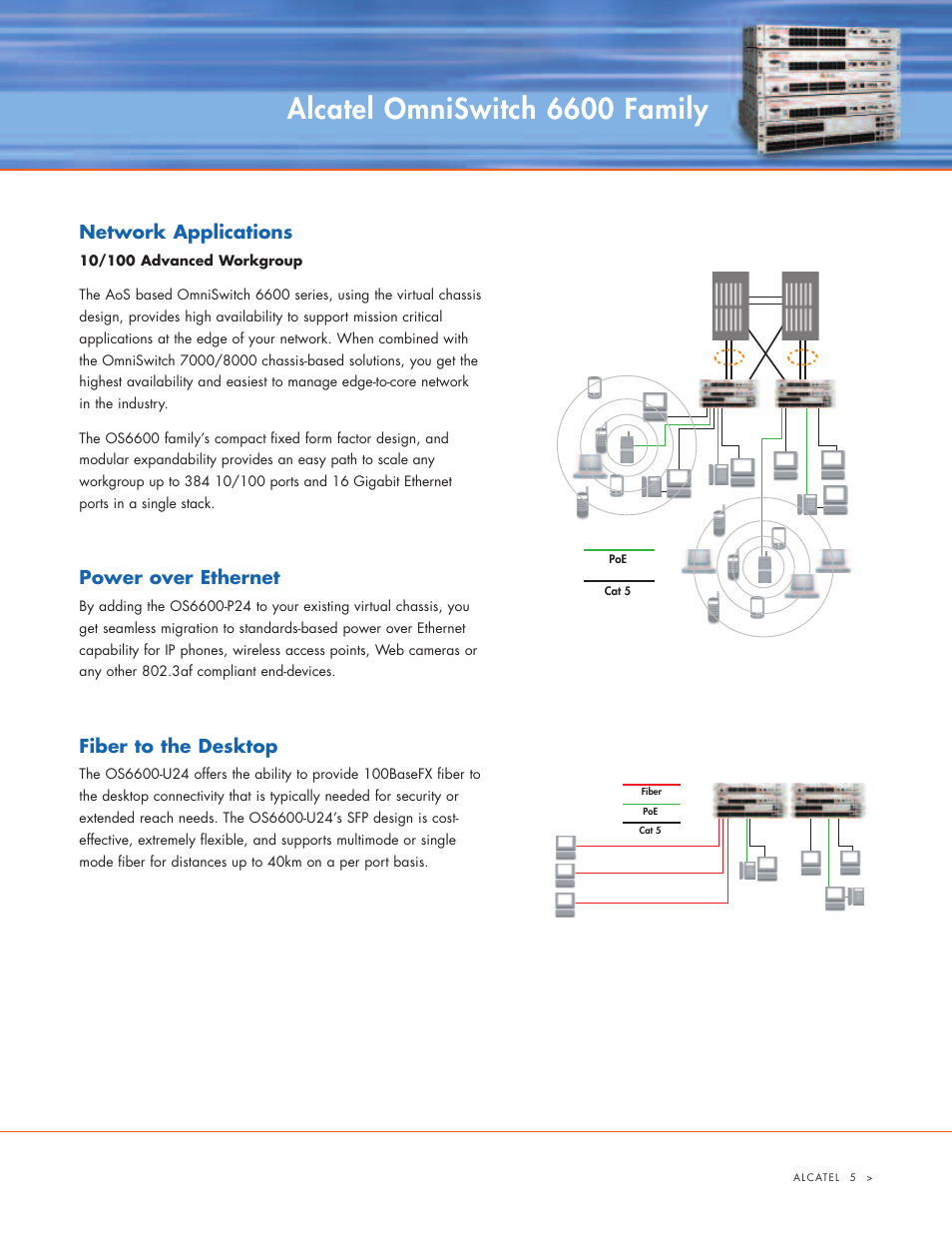 Alcatel omniswitch 6600 family, Network applications, Power over ethernet | Fiber to the desktop | Alcatel Carrier Internetworking Solutions 6600 User Manual | Page 5 / 12