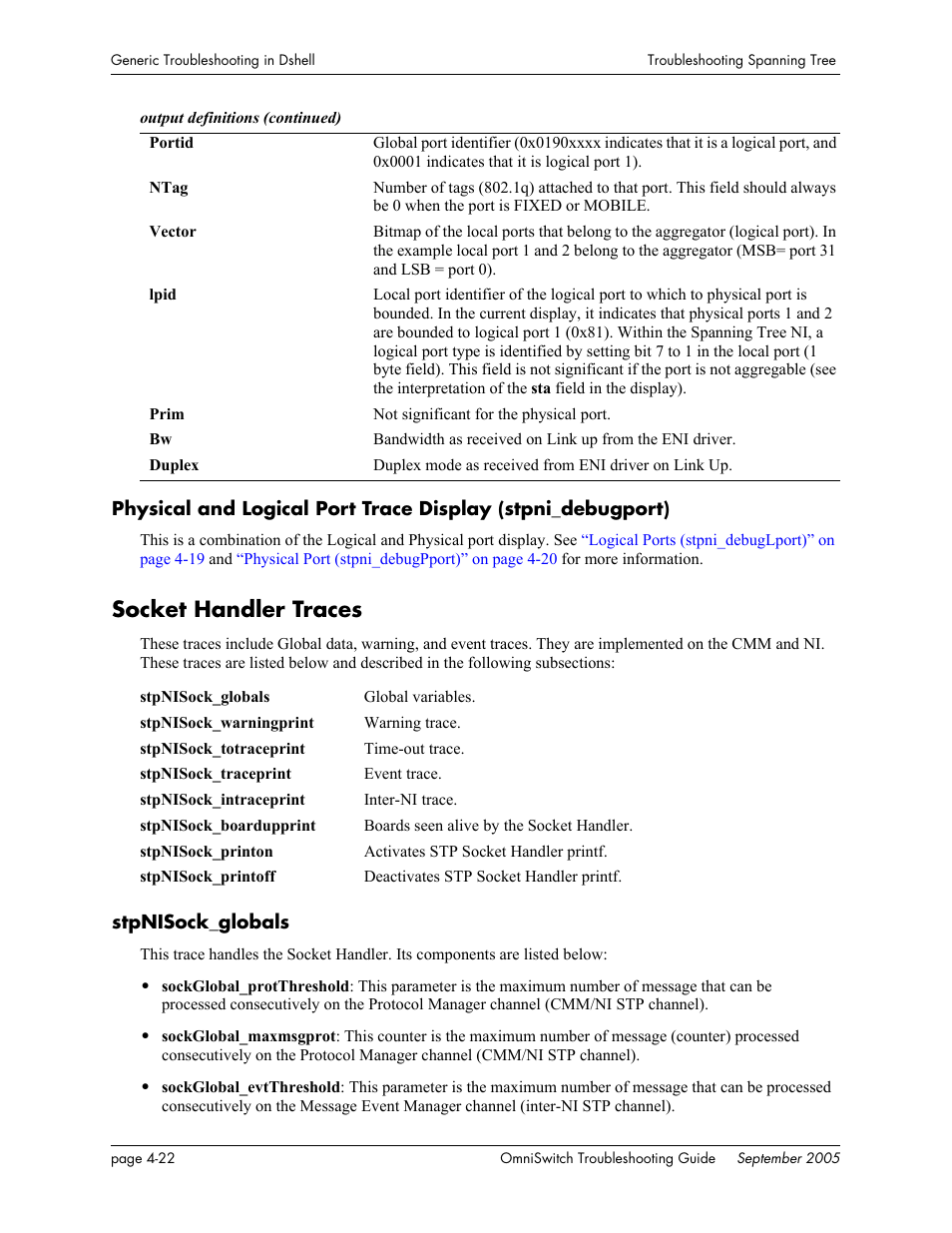 Socket handler traces, Stpnisock_globals, Socket handler traces -22 | Stpnisock_globals -22 | Alcatel Carrier Internetworking Solutions 6648 User Manual | Page 102 / 614