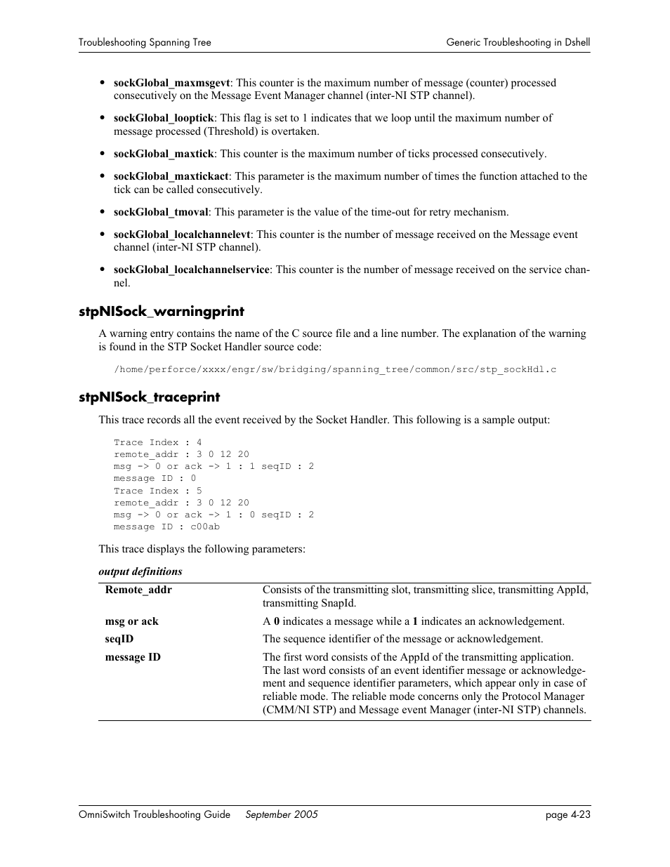 Stpnisock_warningprint, Stpnisock_traceprint | Alcatel Carrier Internetworking Solutions 6648 User Manual | Page 103 / 614