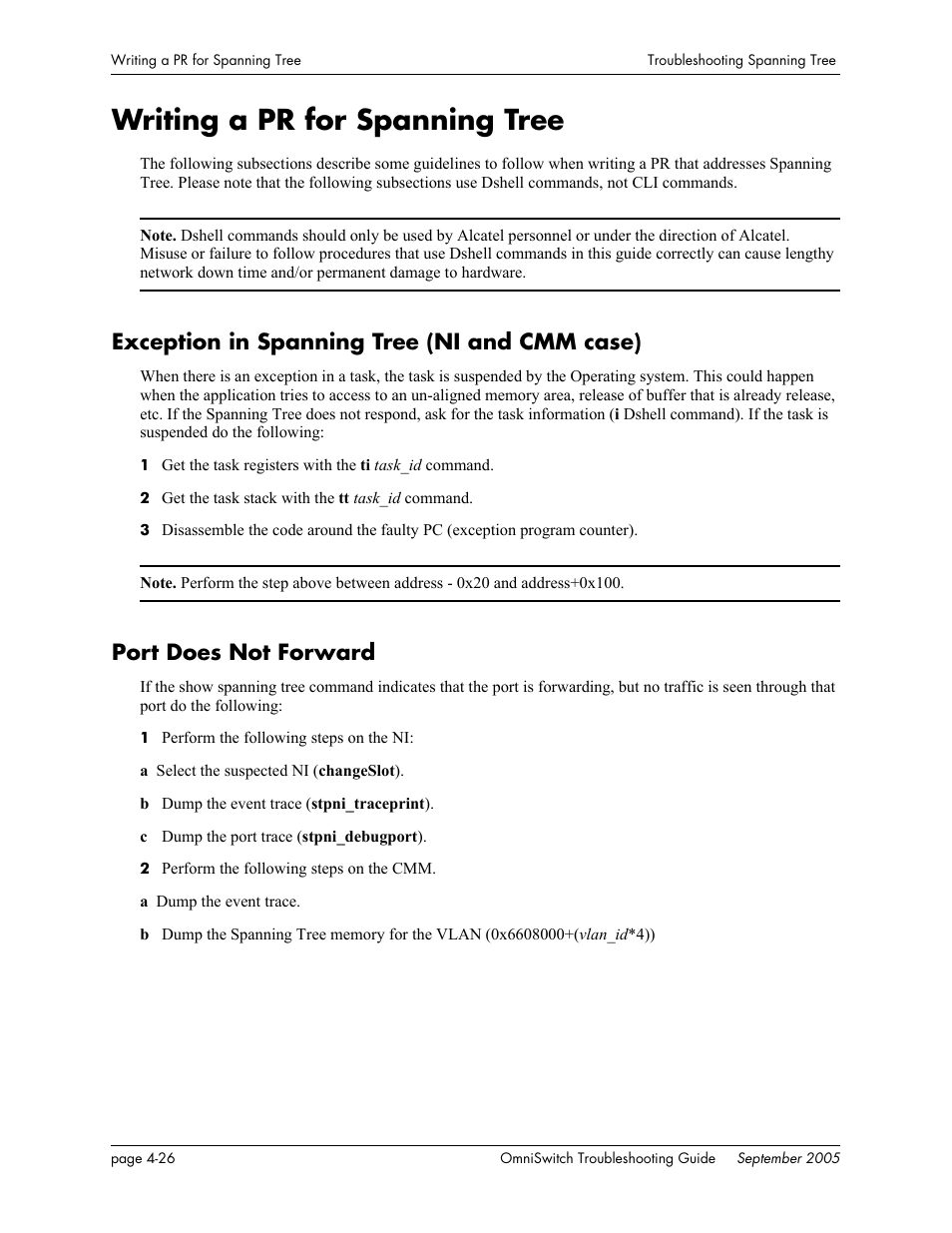 Writing a pr for spanning tree, Exception in spanning tree (ni and cmm case), Port does not forward | Writing a pr for spanning tree -26 | Alcatel Carrier Internetworking Solutions 6648 User Manual | Page 106 / 614