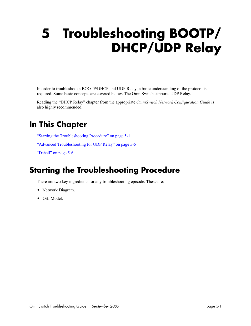 Troubleshooting bootp/ dhcp/udp relay, In this chapter, Starting the troubleshooting procedure | Chapter 5, Troubleshooting bootp/dhcp/udp relay, In this chapter -1, Starting the troubleshooting procedure -1, 5 troubleshooting bootp/ dhcp/udp relay | Alcatel Carrier Internetworking Solutions 6648 User Manual | Page 109 / 614
