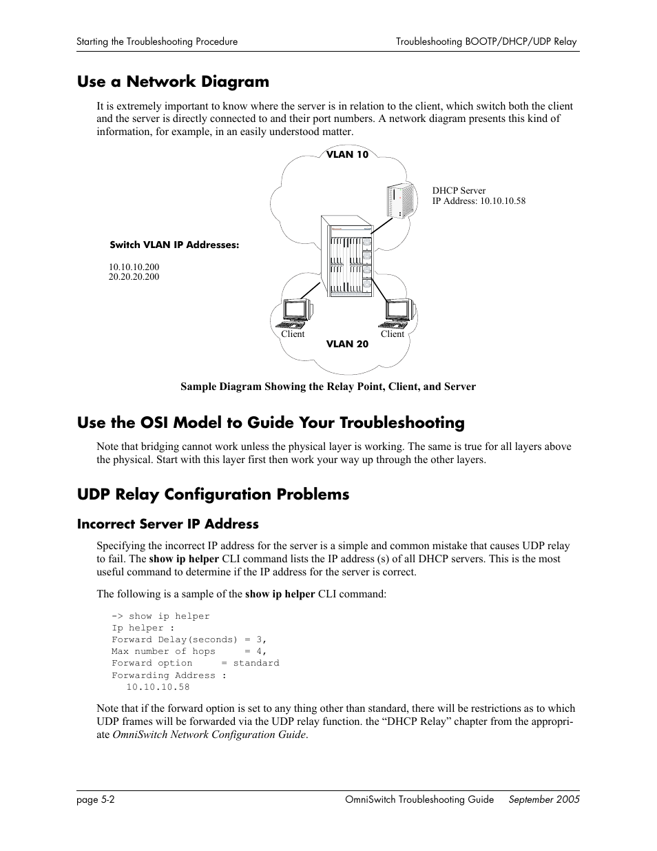 Use a network diagram, Use the osi model to guide your troubleshooting, Udp relay configuration problems | Incorrect server ip address, Incorrect server ip address -2 | Alcatel Carrier Internetworking Solutions 6648 User Manual | Page 110 / 614