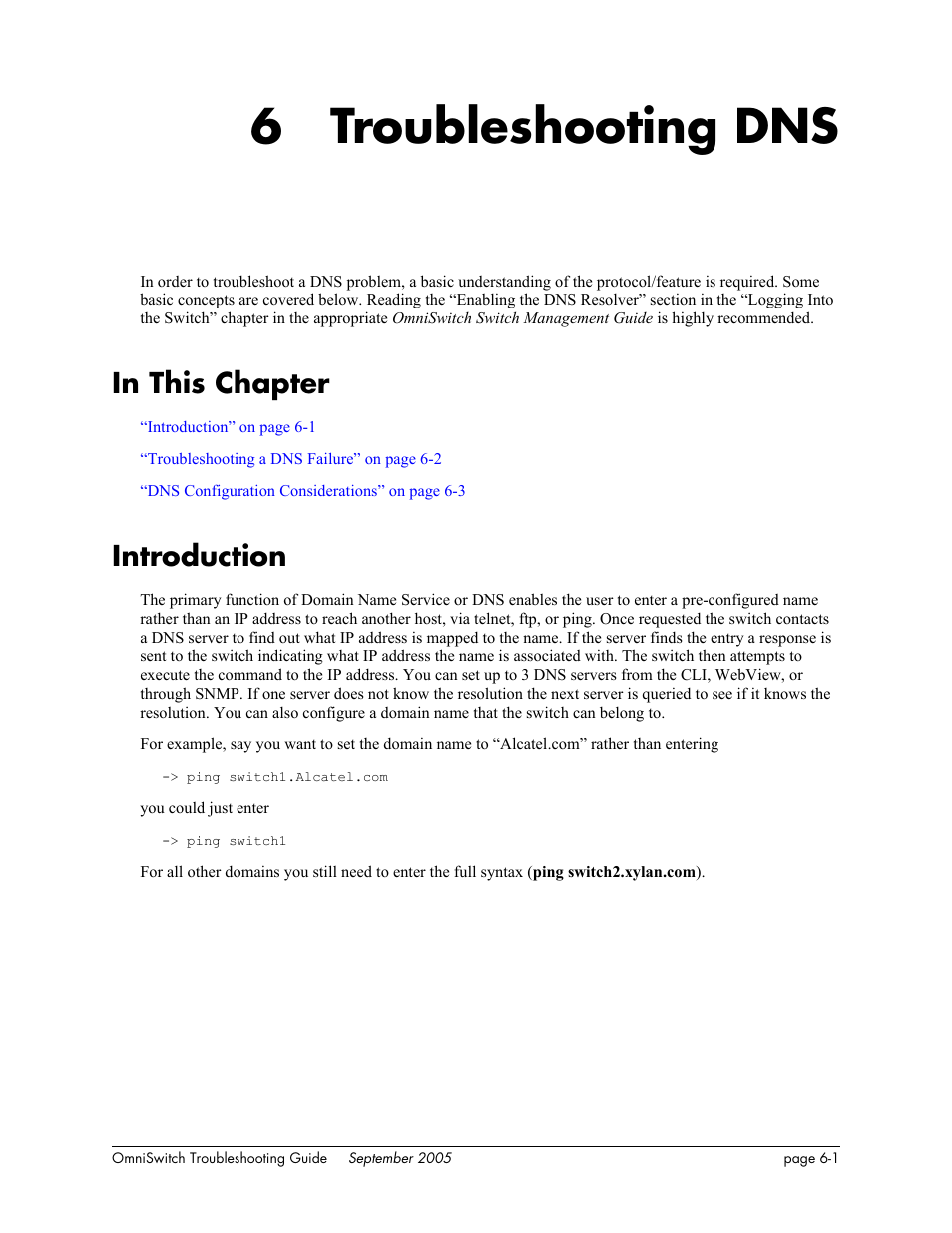 Troubleshooting dns, In this chapter, Introduction | Chapter 6, In this chapter -1, Introduction -1, 6 troubleshooting dns | Alcatel Carrier Internetworking Solutions 6648 User Manual | Page 117 / 614