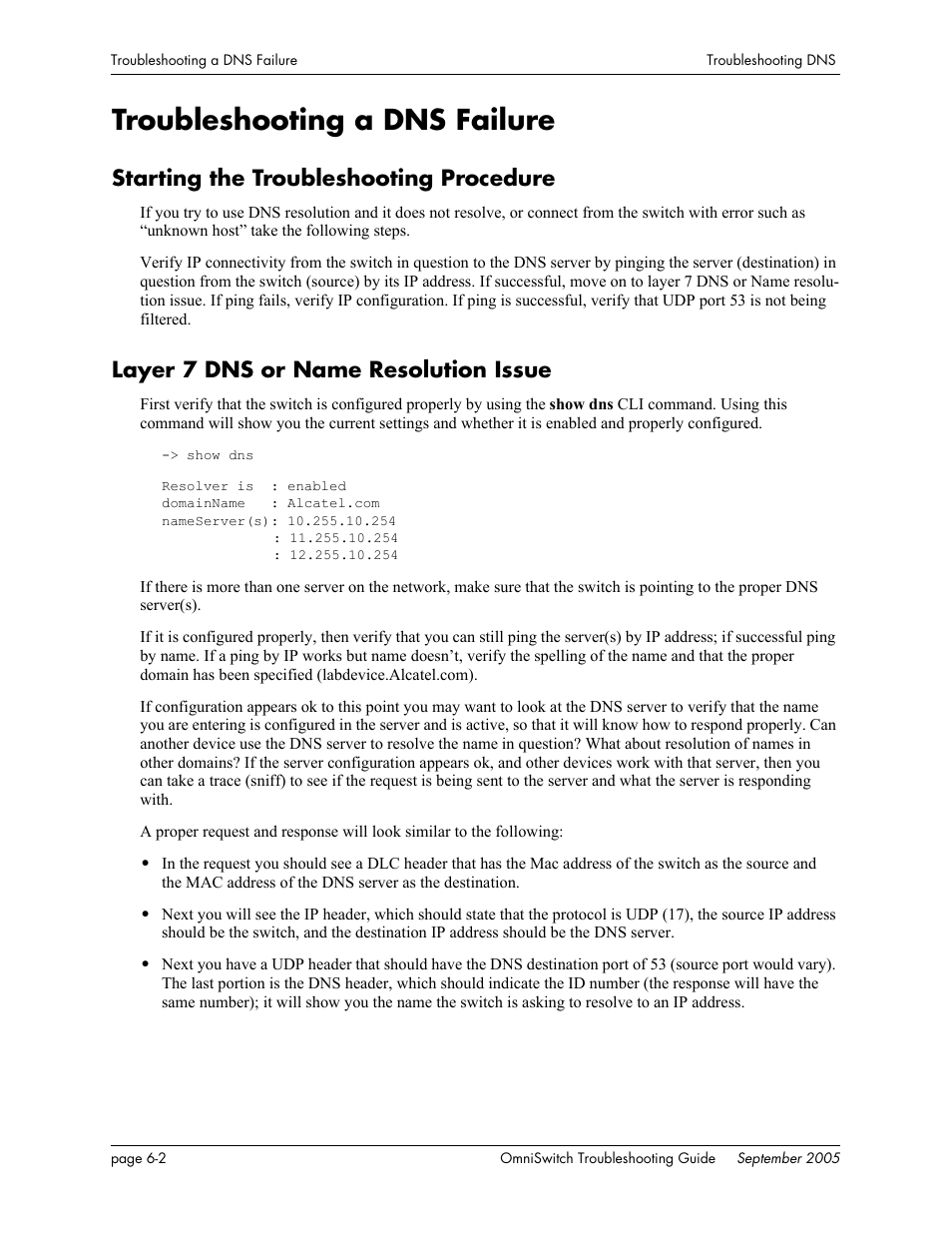 Troubleshooting a dns failure, Starting the troubleshooting procedure, Layer 7 dns or name resolution issue | Troubleshooting a dns failure -2 | Alcatel Carrier Internetworking Solutions 6648 User Manual | Page 118 / 614