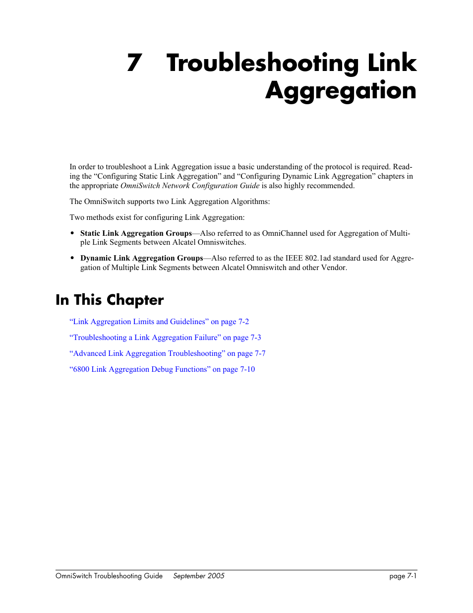 Troubleshooting link aggregation, In this chapter, Chapter 7 | In this chapter -1, 7 troubleshooting link aggregation | Alcatel Carrier Internetworking Solutions 6648 User Manual | Page 121 / 614