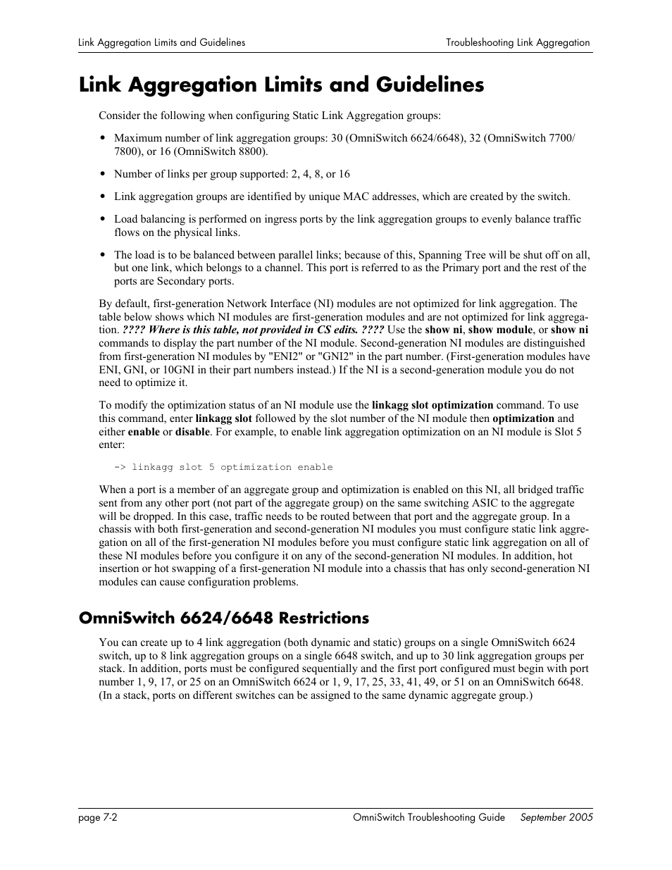 Link aggregation limits and guidelines, Omniswitch 6624/6648 restrictions, Link aggregation limits and guidelines -2 | Omniswitch 6624/6648 restrictions -2 | Alcatel Carrier Internetworking Solutions 6648 User Manual | Page 122 / 614