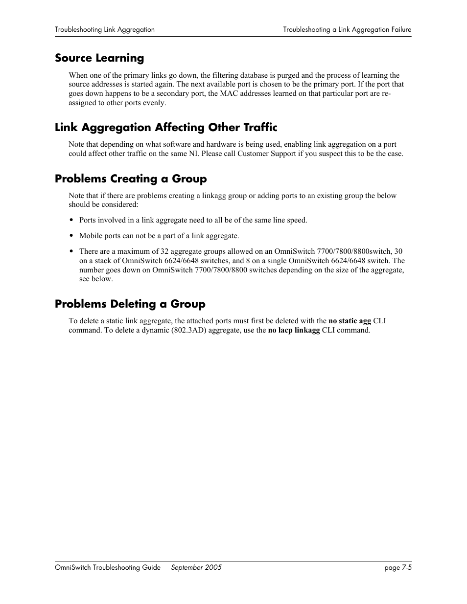 Source learning, Link aggregation affecting other traffic, Problems creating a group | Problems deleting a group | Alcatel Carrier Internetworking Solutions 6648 User Manual | Page 125 / 614