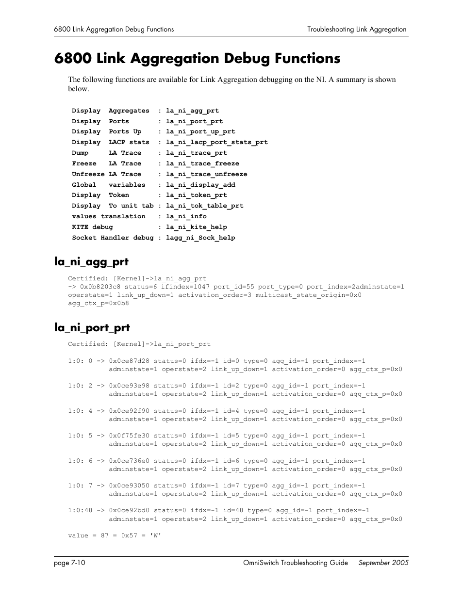 6800 link aggregation debug functions, La_ni_agg_prt, La_ni_port_prt | 6800 link aggregation debug functions -10, La_ni_agg_prt -10 la_ni_port_prt -10 | Alcatel Carrier Internetworking Solutions 6648 User Manual | Page 130 / 614
