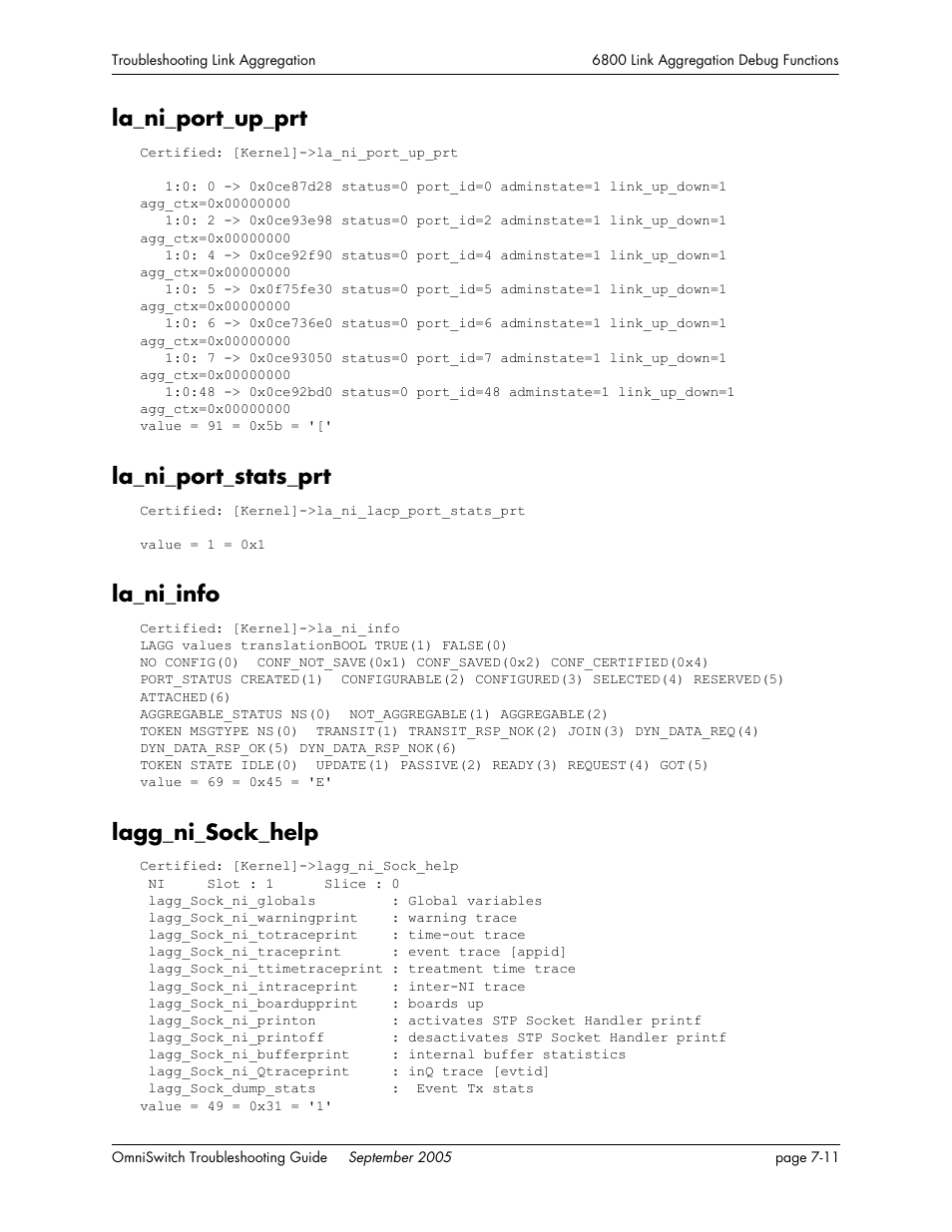 La_ni_port_up_prt, La_ni_port_stats_prt, La_ni_info | Lagg_ni_sock_help | Alcatel Carrier Internetworking Solutions 6648 User Manual | Page 131 / 614