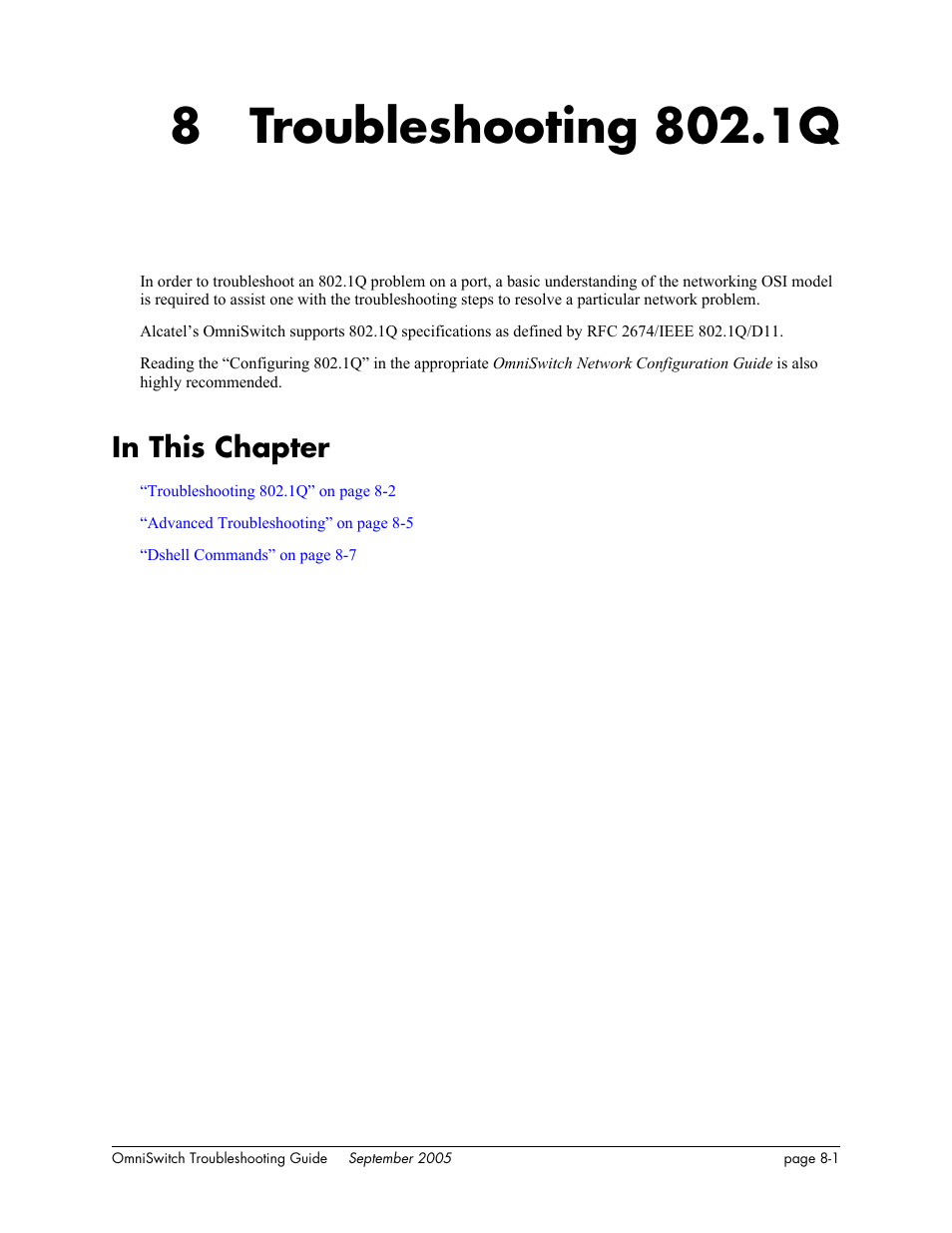 Troubleshooting 802.1q, In this chapter, Chapter 8 | In this chapter -1 | Alcatel Carrier Internetworking Solutions 6648 User Manual | Page 133 / 614