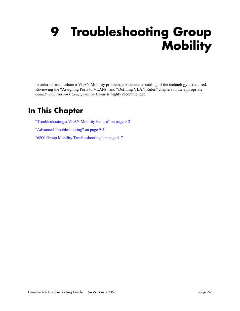Troubleshooting group mobility, In this chapter, Chapter 9 | In this chapter -1, 9 troubleshooting group mobility | Alcatel Carrier Internetworking Solutions 6648 User Manual | Page 141 / 614