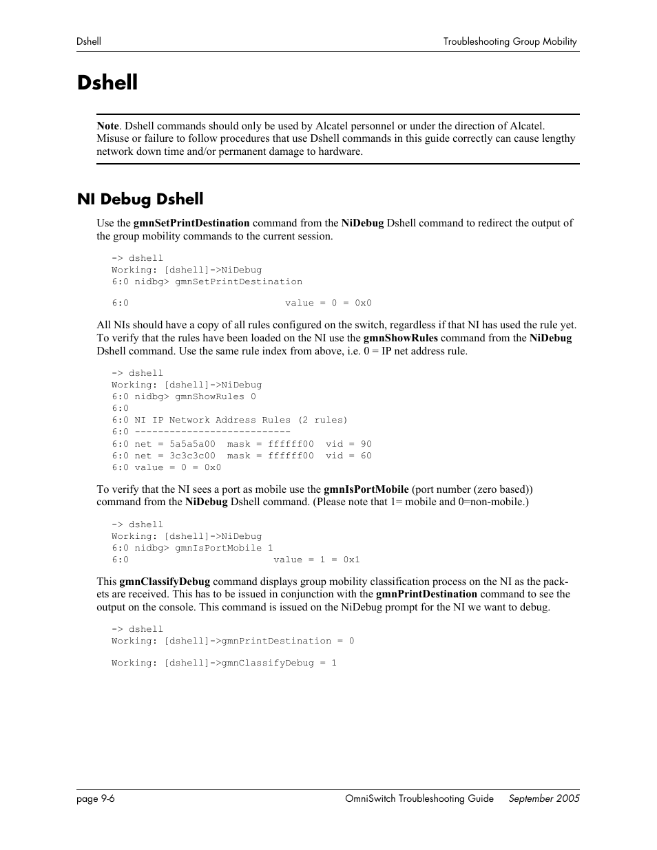Dshell, Ni debug dshell, Dshell -6 | Ni debug dshell -6 | Alcatel Carrier Internetworking Solutions 6648 User Manual | Page 146 / 614