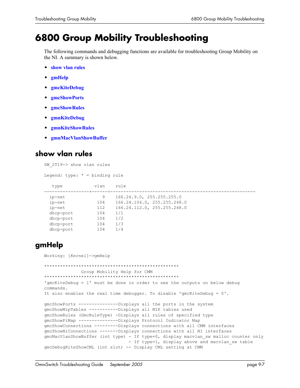 6800 group mobility troubleshooting, Show vlan rules, Gmhelp | 6800 group mobility troubleshooting -7, Show vlan rules -7 gmhelp -7 | Alcatel Carrier Internetworking Solutions 6648 User Manual | Page 147 / 614