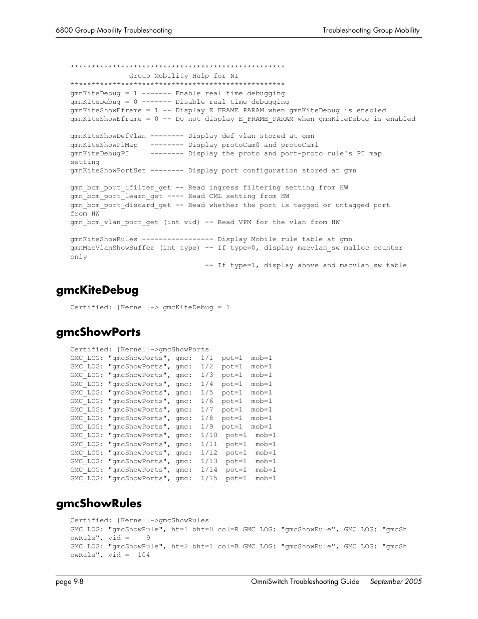 Gmckitedebug, Gmcshowports, Gmcshowrules | Gmckitedebug -8 gmcshowports -8 gmcshowrules -8 | Alcatel Carrier Internetworking Solutions 6648 User Manual | Page 148 / 614